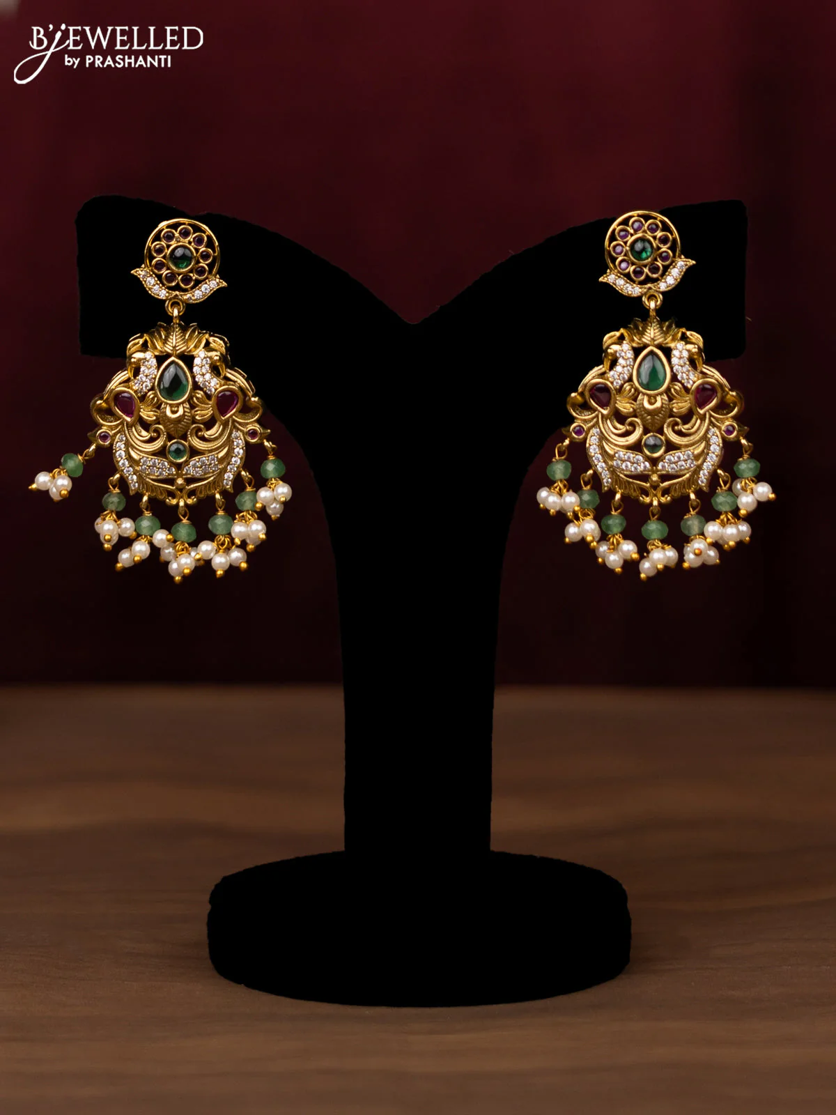 Antique guttapusalu haram with kemp & cz stones and pearl & green beads hanging - Image 2