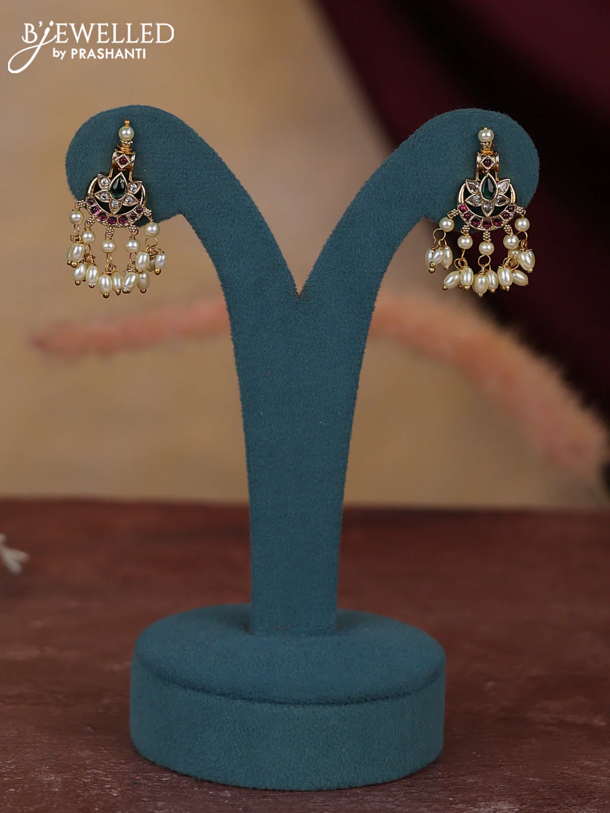 Antique guttapusalu necklace chandbali design with kemp & cz stones and pearl hangings - Image 2