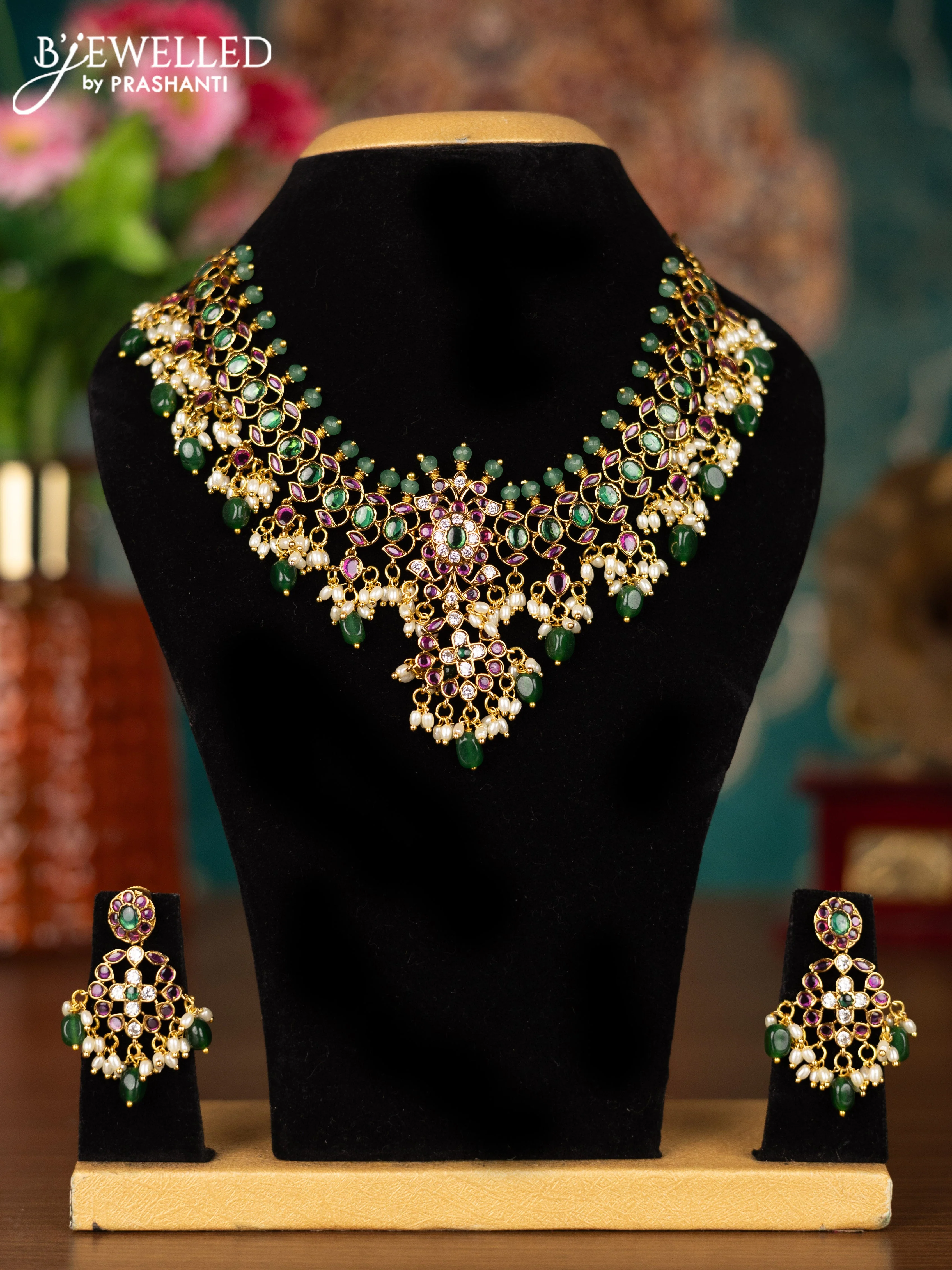 Antique guttapusalu necklace changeable pendant with kemp & cz stones and pearl & green beads hangings - Image 2