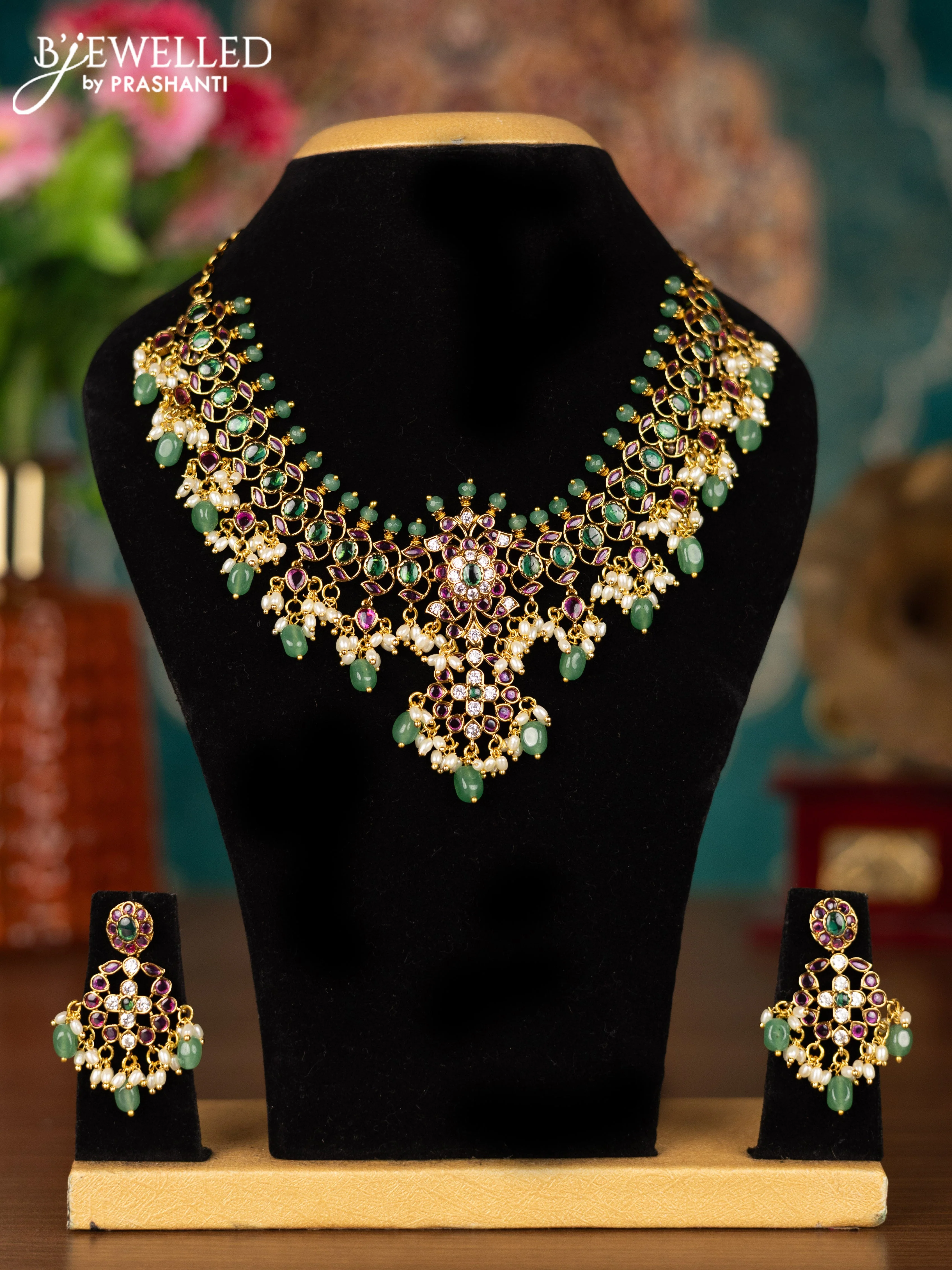 Antique guttapusalu necklace changeable pendant with kemp & cz stones and pearl & mint green beads hangings - Image 2