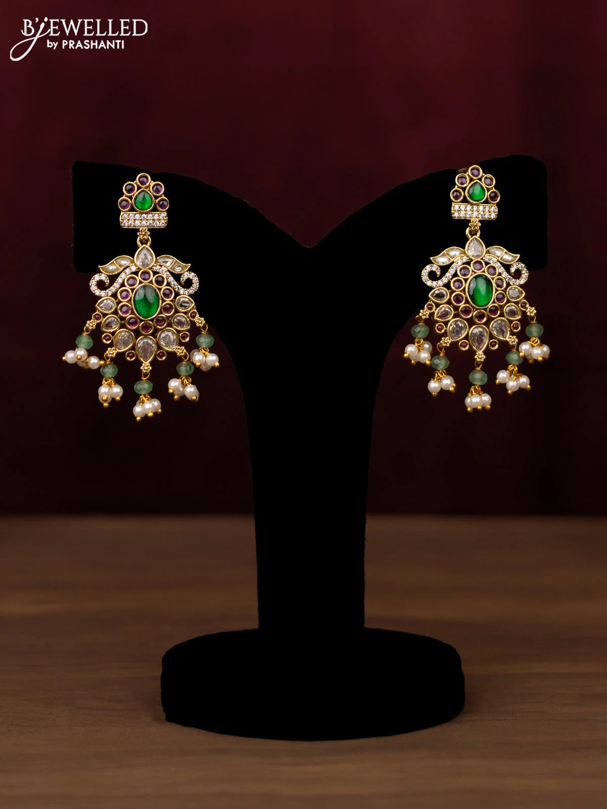 Antique guttapusalu Necklace floral design with kemp,cz stones and pearl hangings - Image 2