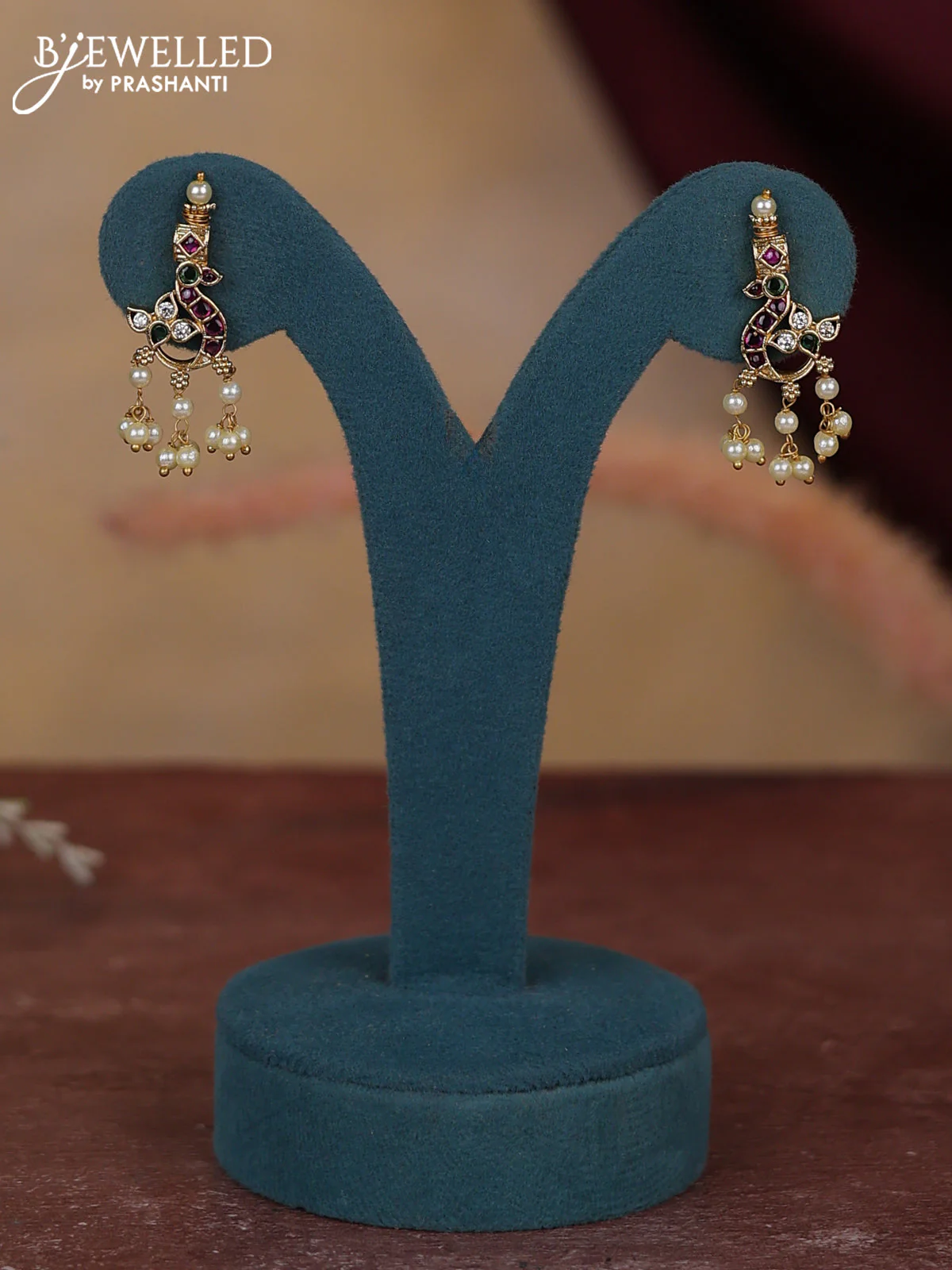 Antique guttapusalu necklace floral & peacock design with kemp and cz stones and pearl hangings - Image 2