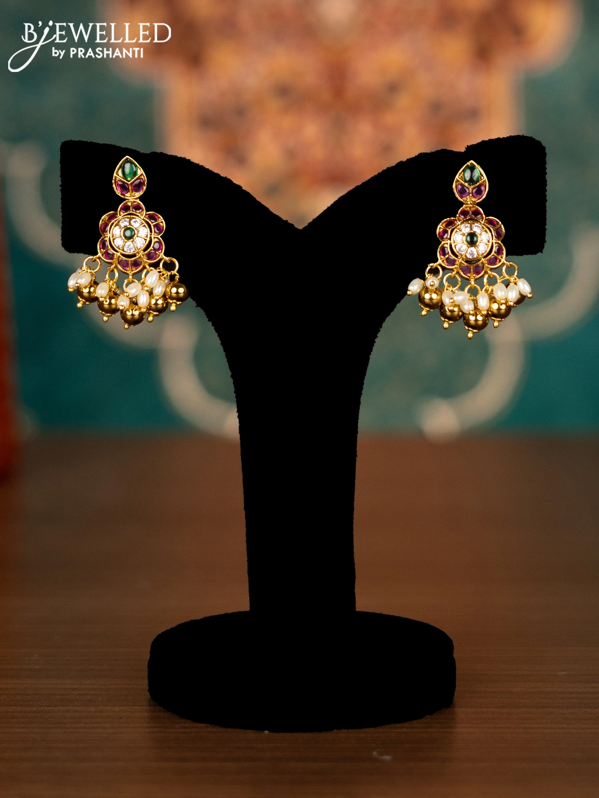 Antique guttapusalu necklace lakshmi design with kemp & cz stones and pearl & golden beads hangings - Image 2