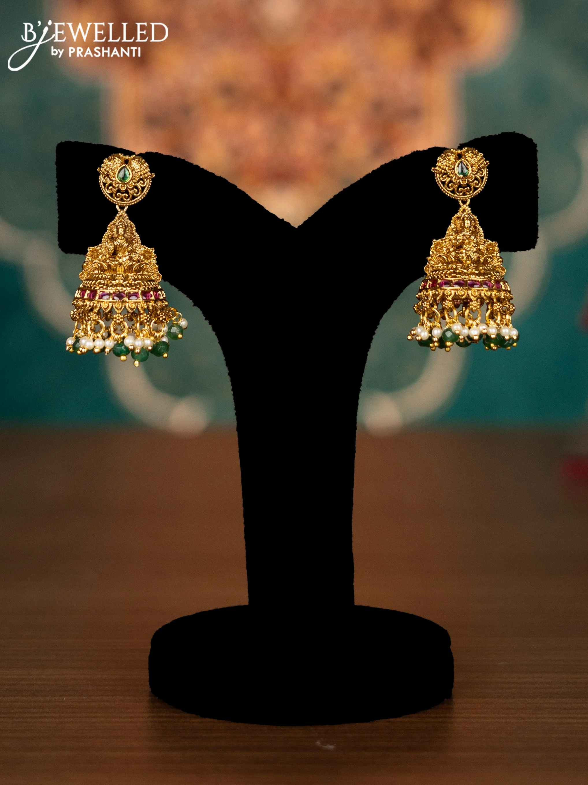 Antique guttapusalu necklace lakshmi design with kemp & cz stones and pearl & green beads hangings - Image 2
