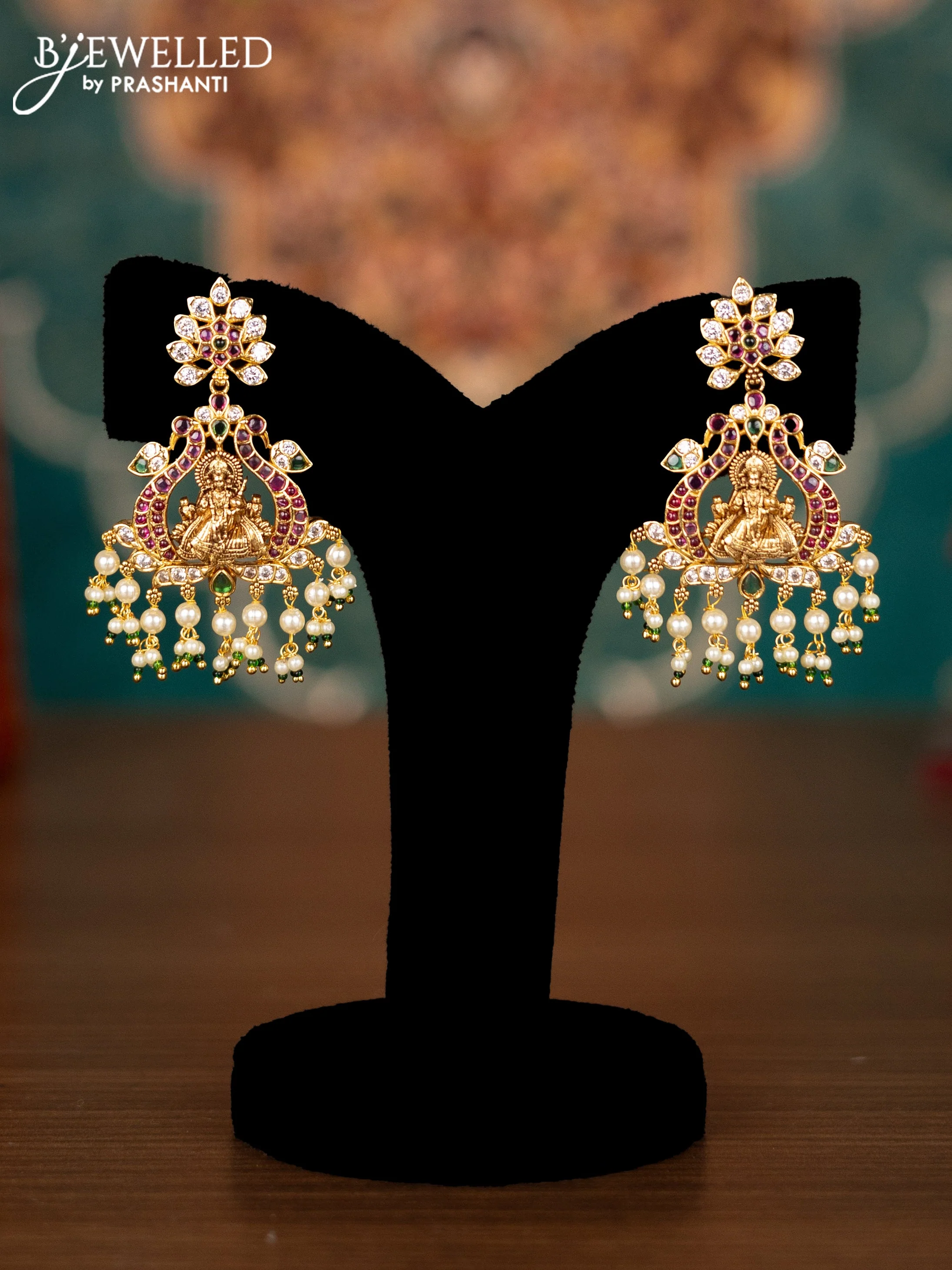 Antique guttapusalu necklace lakshmi design with kemp & cz stones and pearl hangings - Image 2