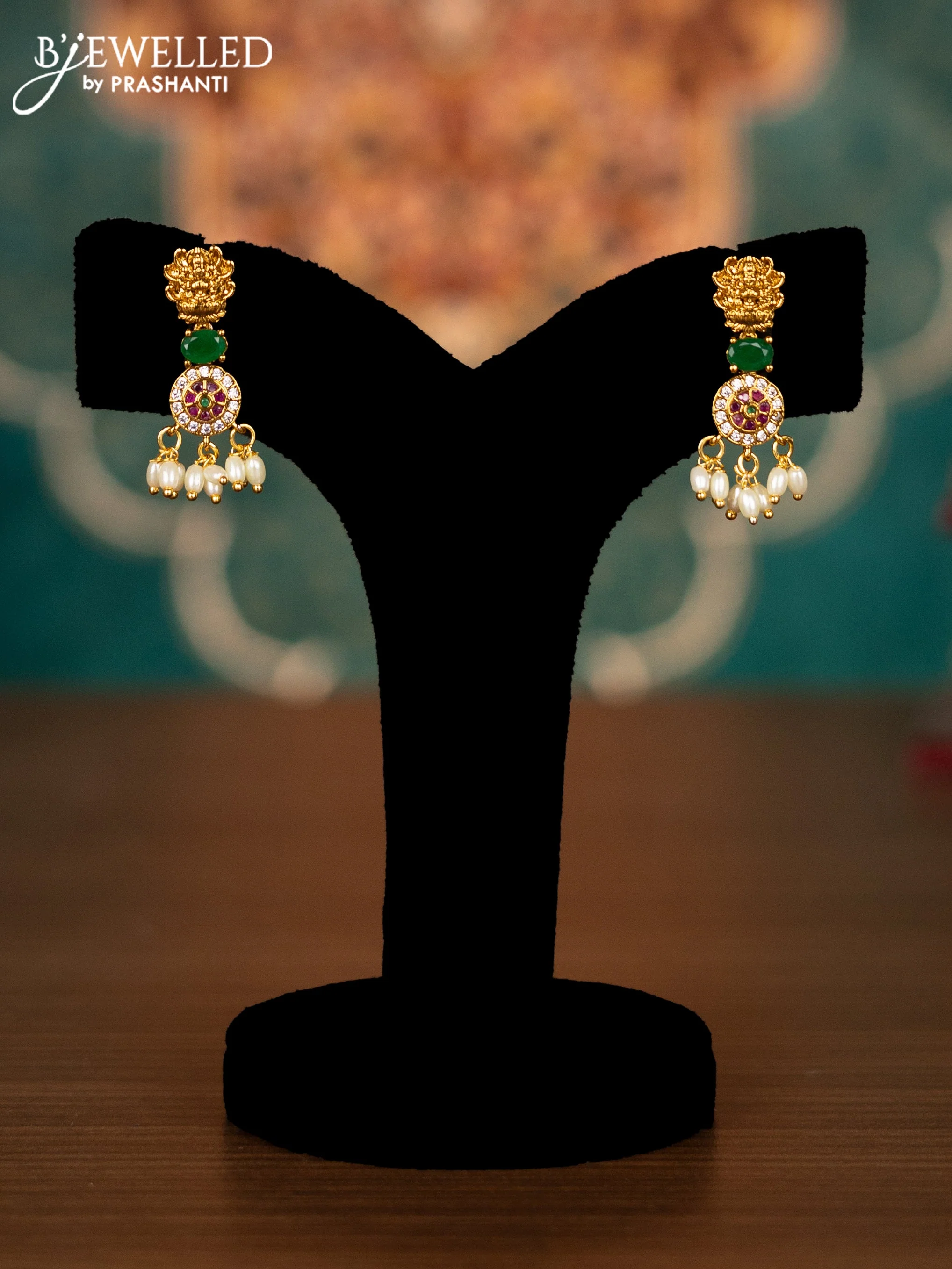 Antique guttapusalu necklace lakshmi design with kemp & cz stones and pearl hangings - Image 2