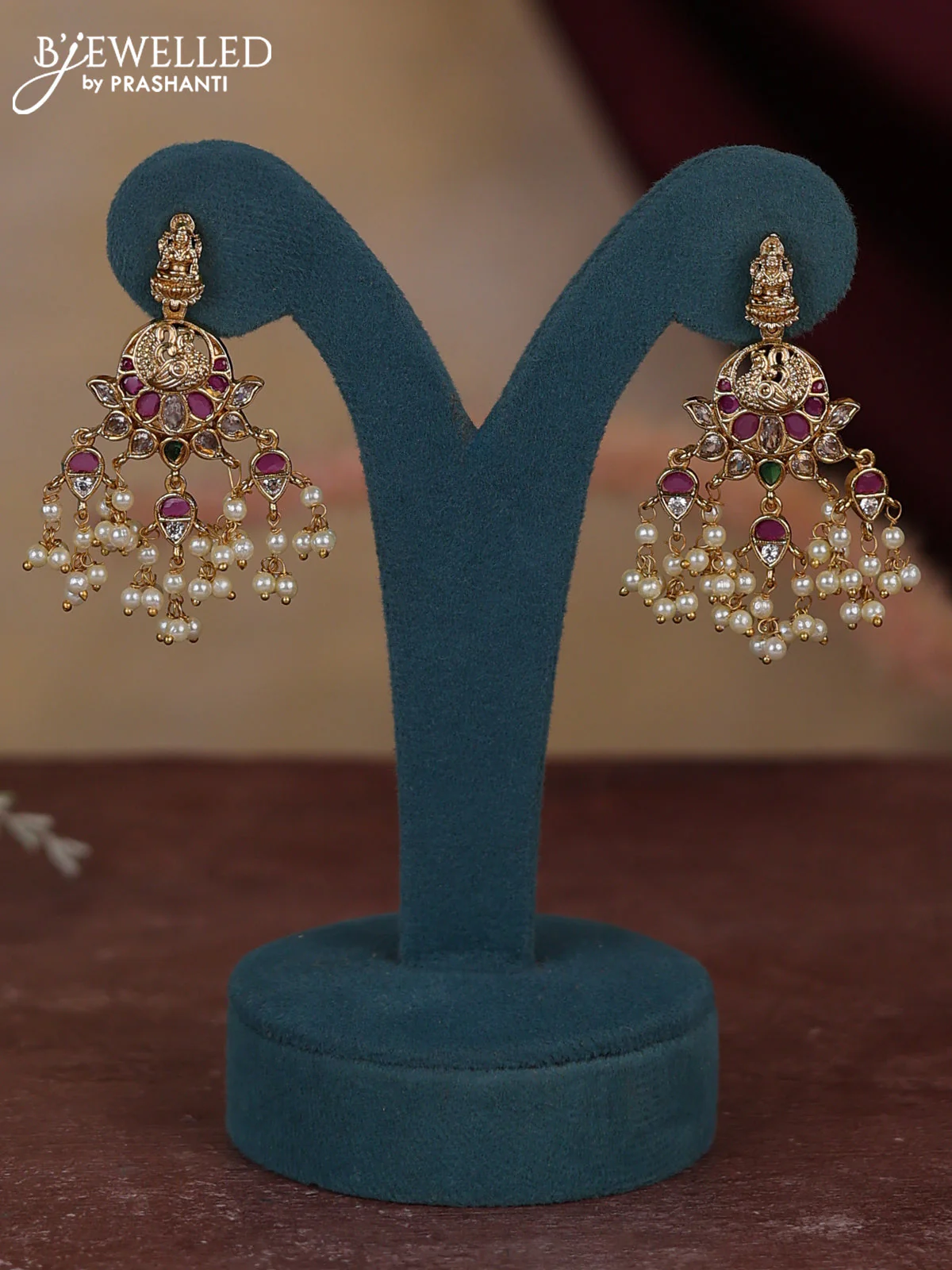 Antique guttapusalu necklace lakshmi design with kemp & cz stones and pearl hangings - Image 2
