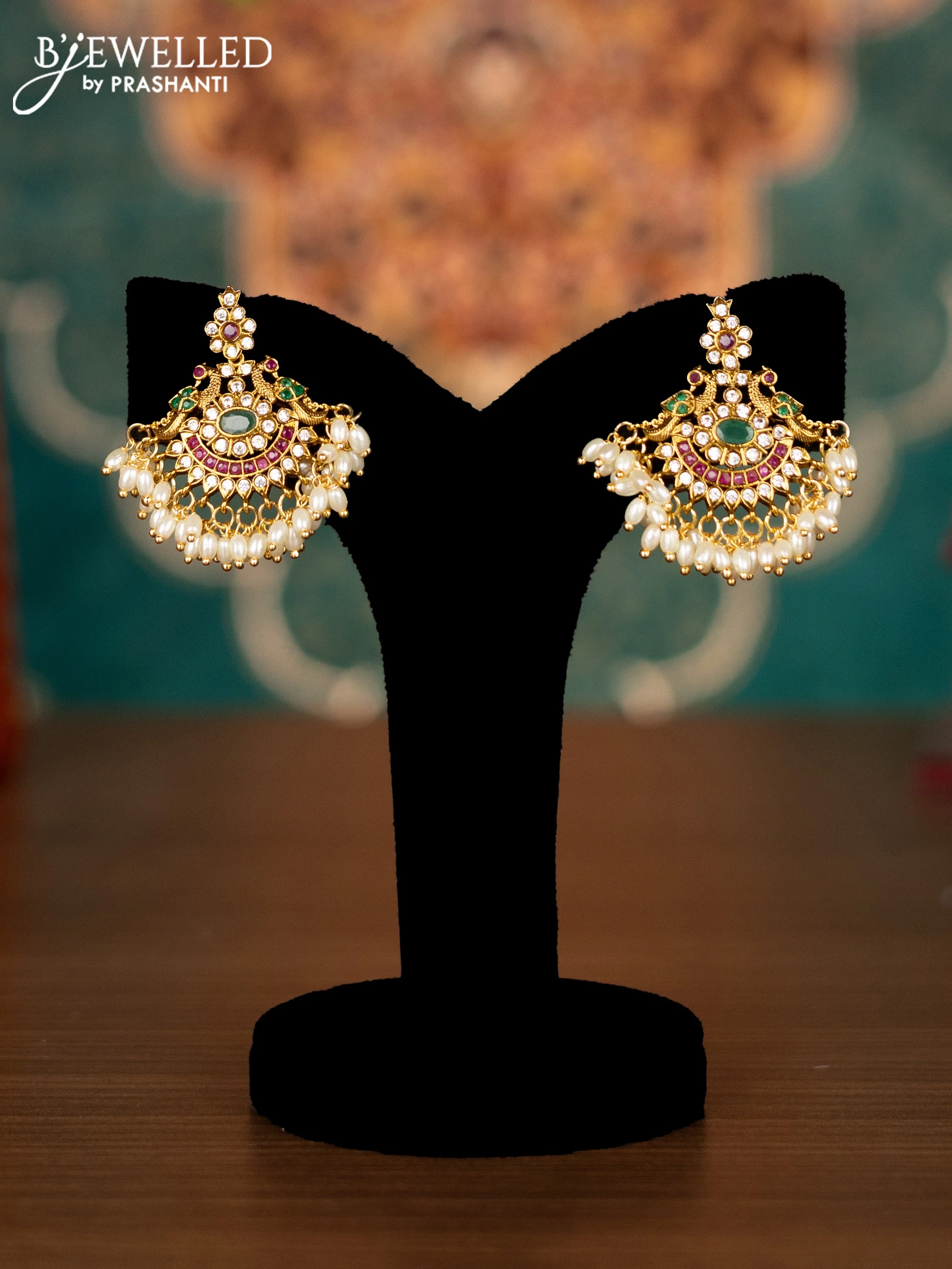 Antique guttapusalu necklace manga & peacock design with kemp & cz stones and pearl hangings - Image 2