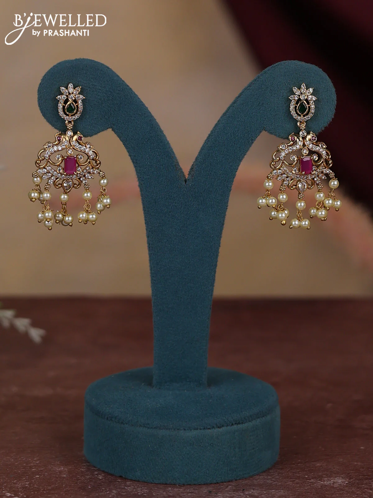 Antique guttapusalu necklace peacock design with kemp and cz stones and pearl hangings - Image 2