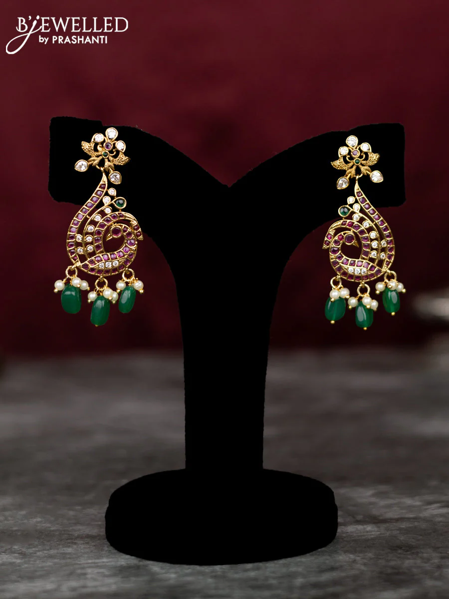 Antique guttapusalu necklace peacock design with kemp & cz stones and pearl & green beads hangings - Image 2