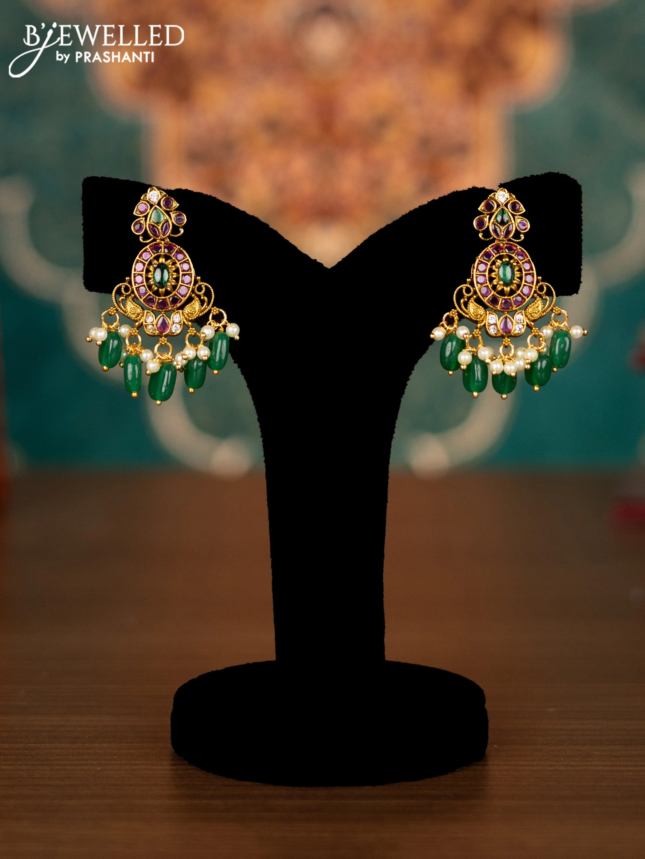 Antique guttapusalu necklace peacock design with kemp & cz stones and pearl & green beads hangings - Image 2