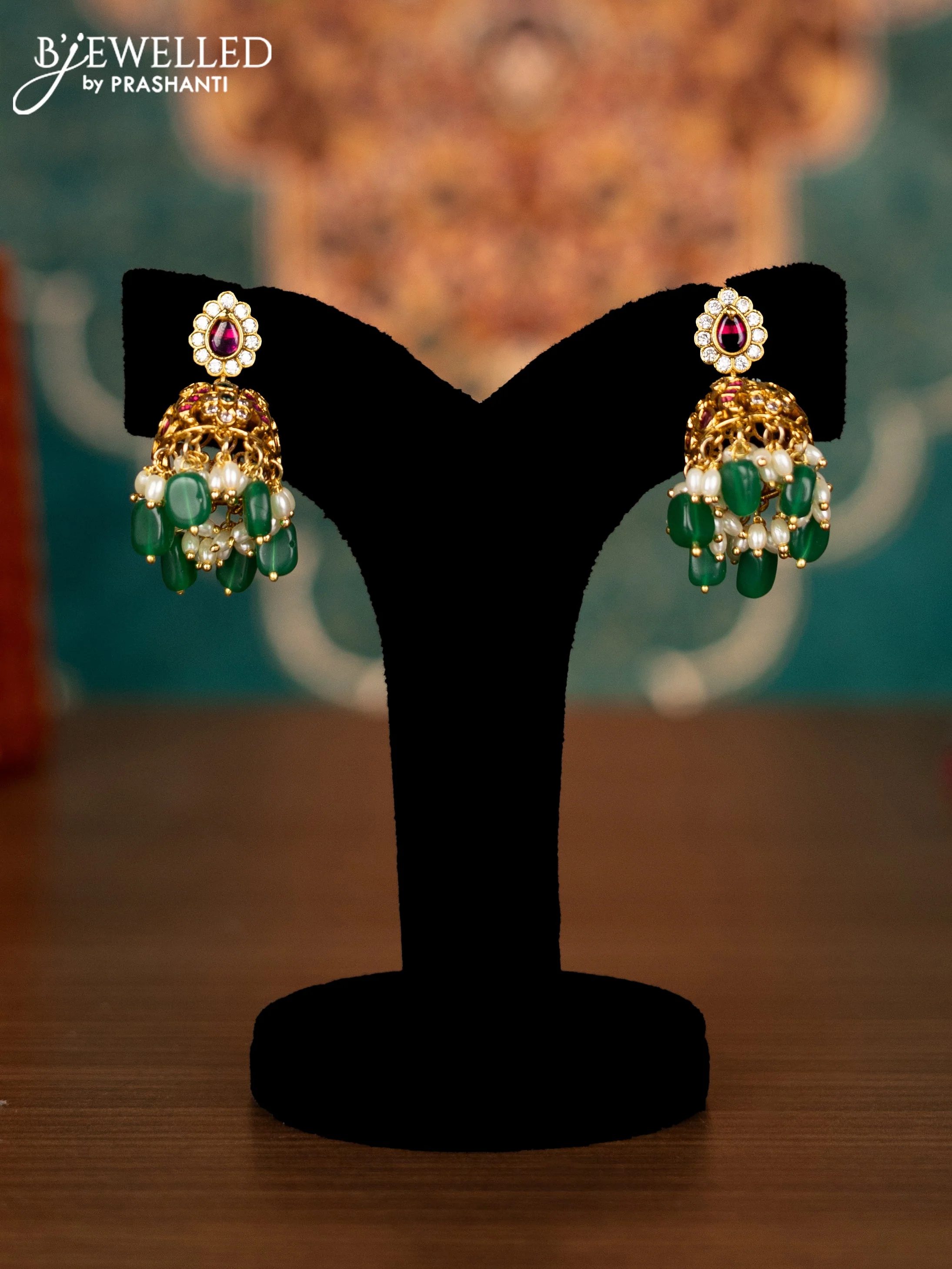 Antique guttapusalu necklace with kemp & cz stones and pearl & green beads hangings - Image 2