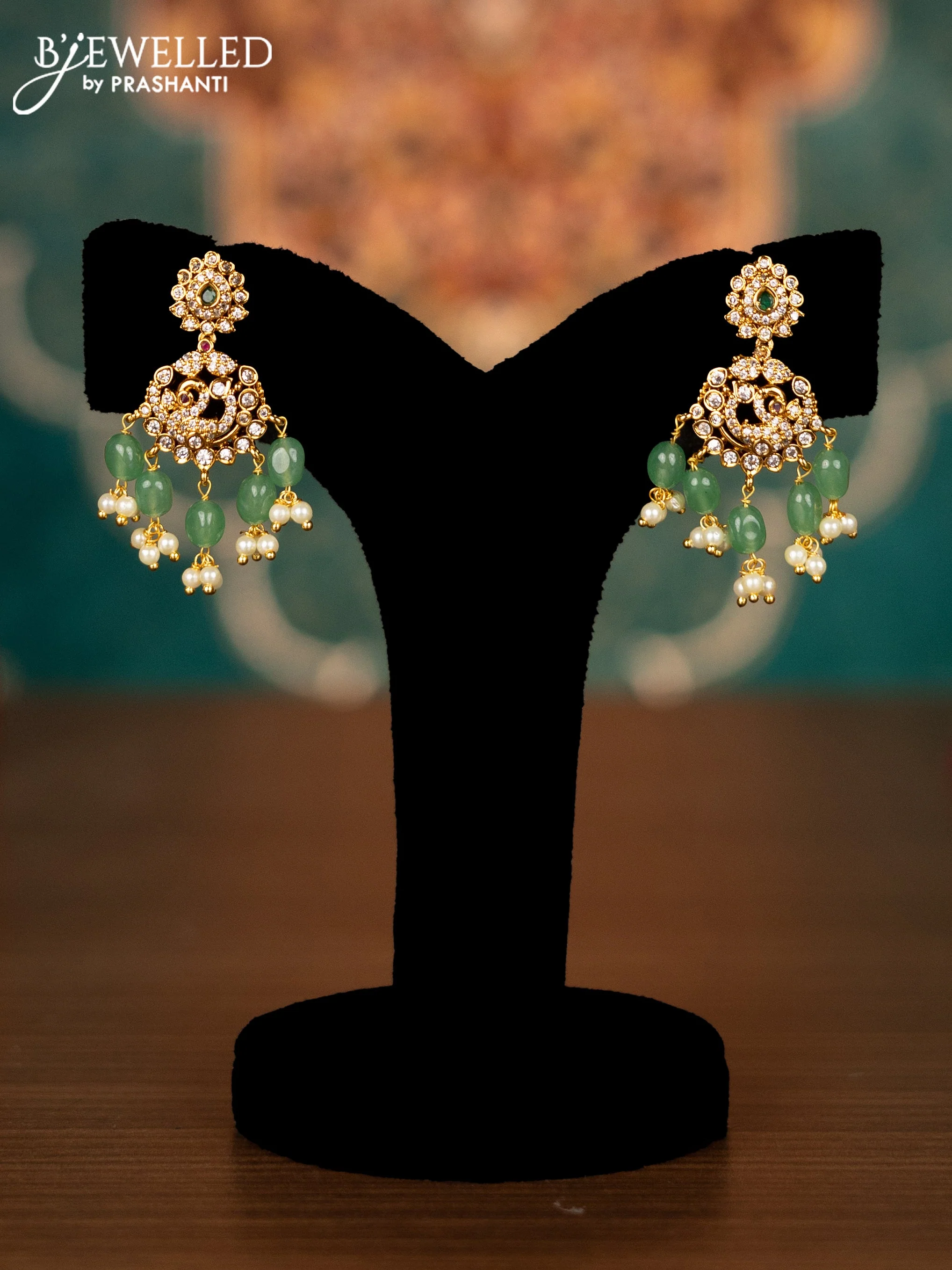 Antique guttapusalu necklace with kemp & cz stones and pearl & mint green beads hangings - Image 2