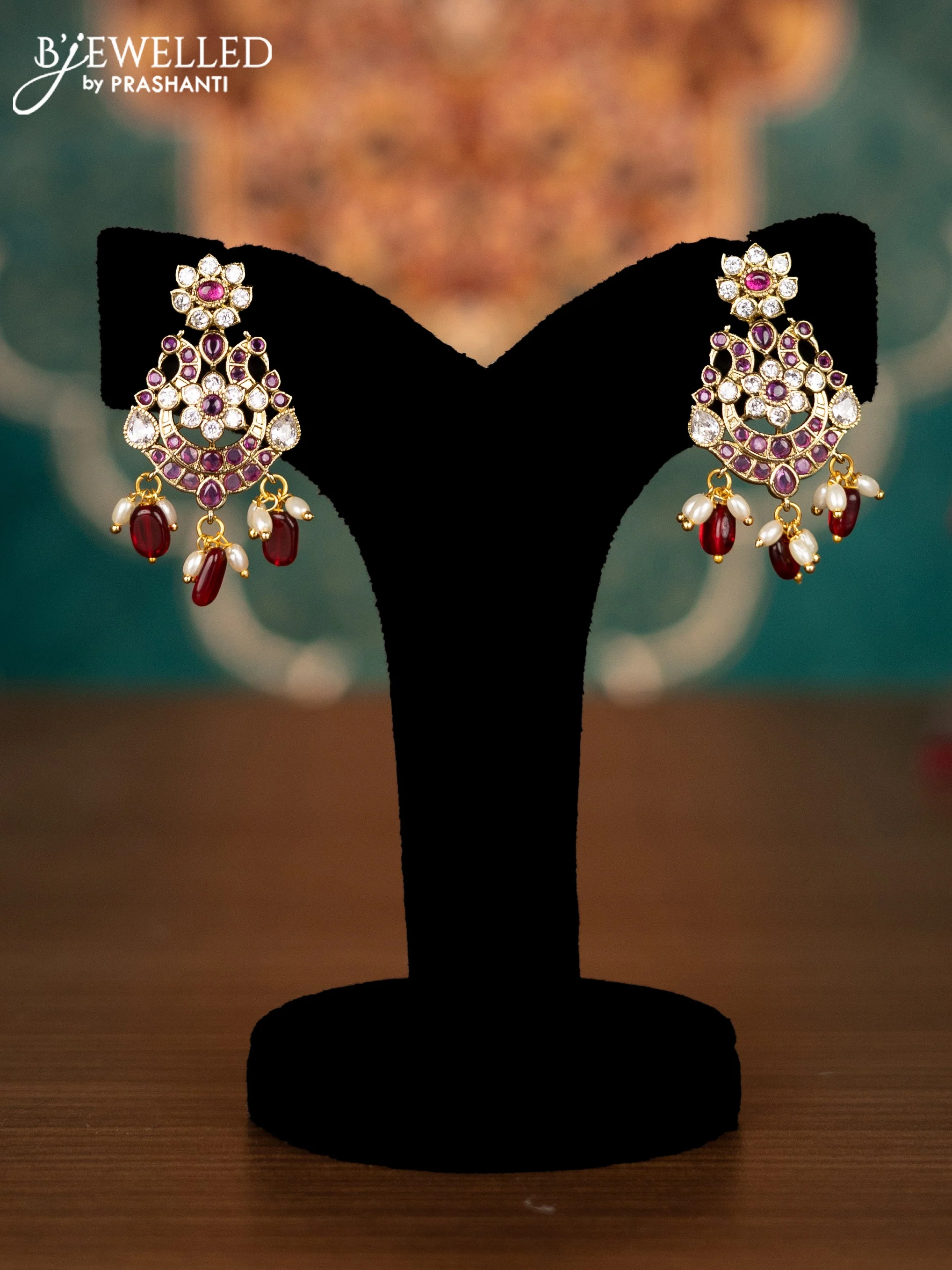 Antique guttapusalu necklace with maroon & kundan stones and pearl & maroon beads hangings - Image 2