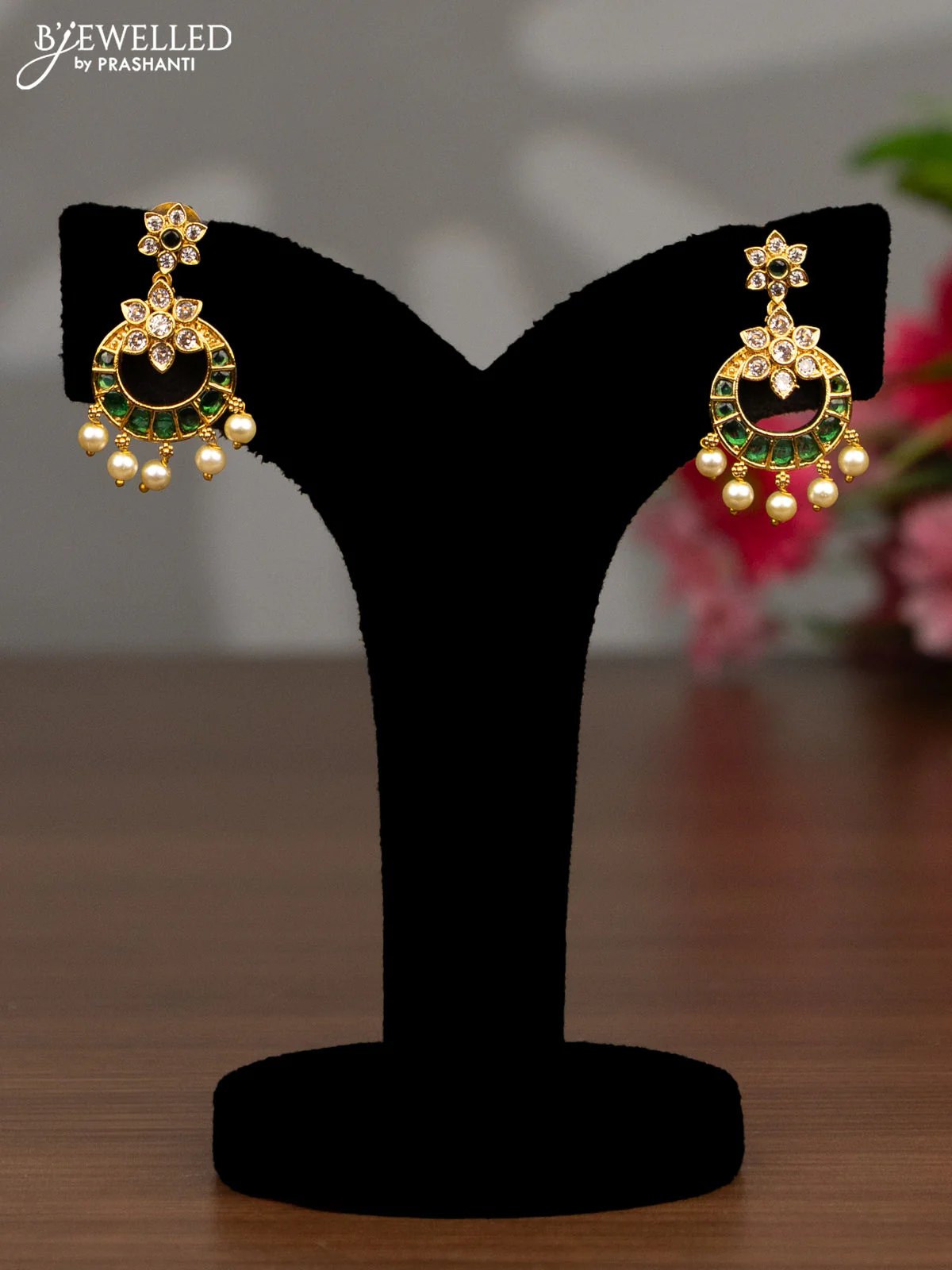 Antique haaram chandbali design with green kemp & cz stones and pearl  hangings - Image 2