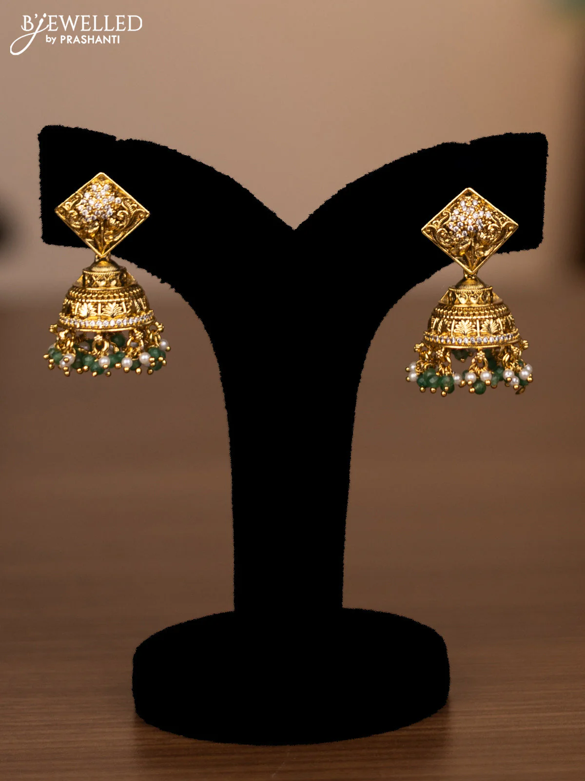 Antique haaram elephant design with jadau kundan stones and green beads hanging - Image 2