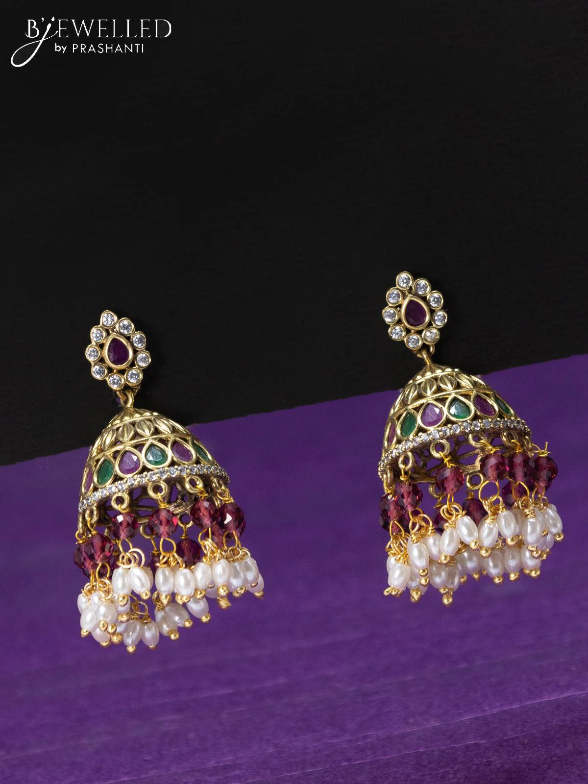Antique haaram kemp & cz stones with lakshmi pendant and pearl hangings - Image 2