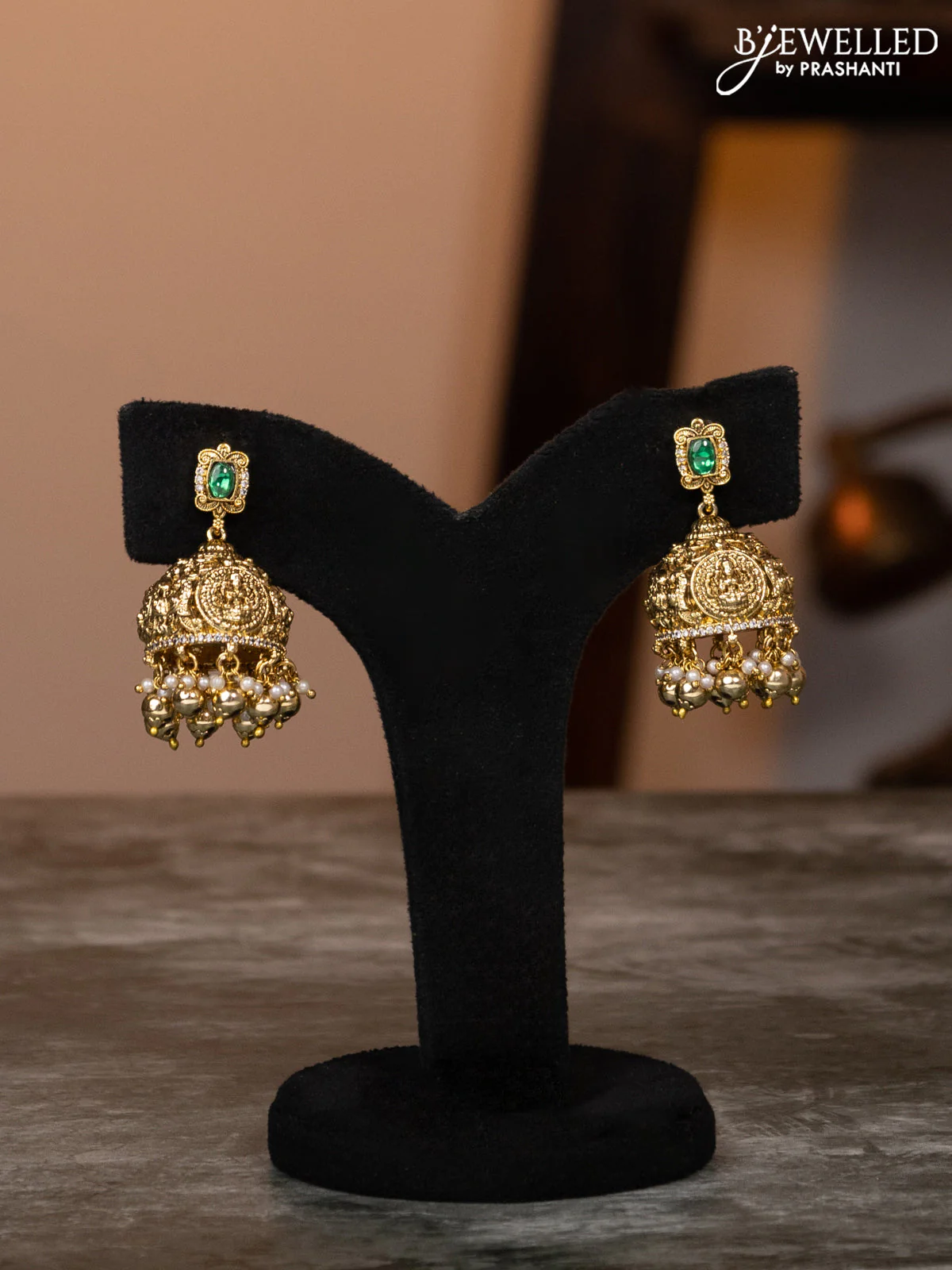Antique haaram lakshmi design with emerald & cz stones and golden beads hangings - Image 2