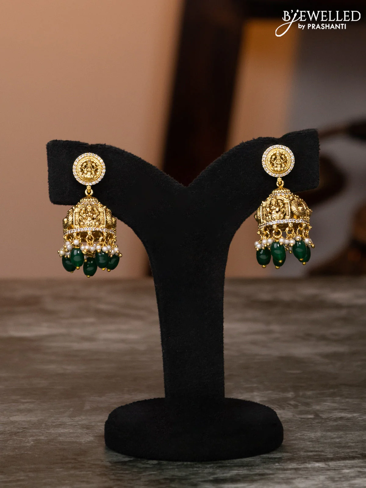 Antique haaram lakshmi design with emerald & cz stones and green beads hangings - Image 2