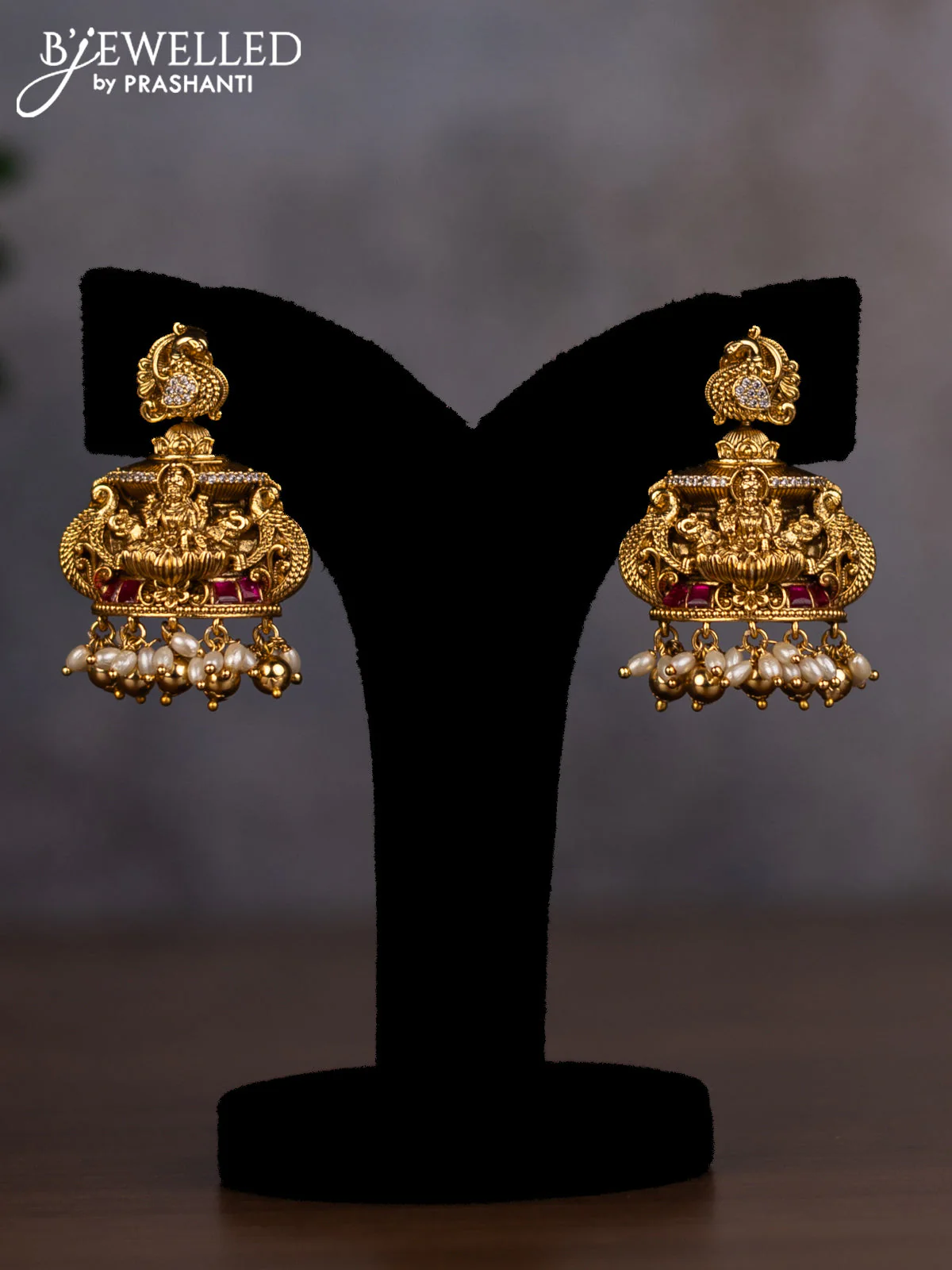 Antique haaram lakshmi design with jadau stones and pearl & golden beads hangings - Image 2