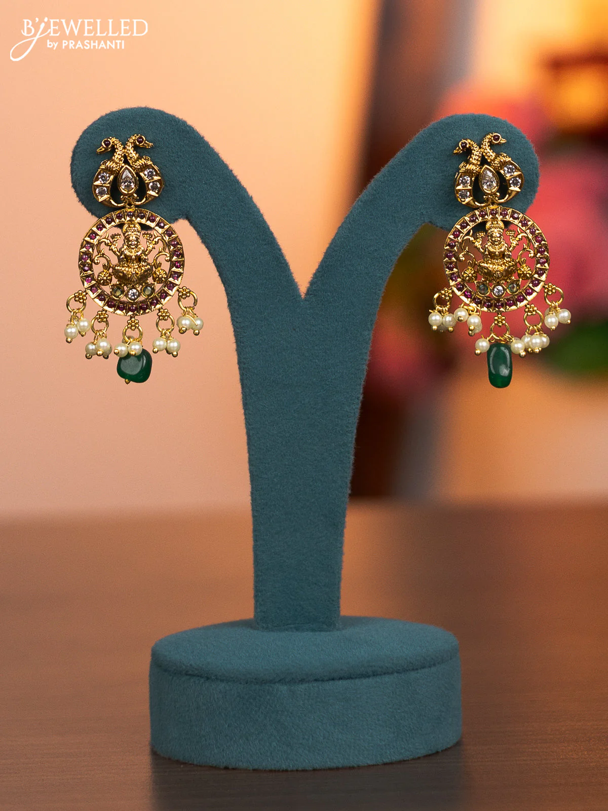 Antique haaram lakshmi design with kemp & cz stones and pearl & green beads hanging - Image 2