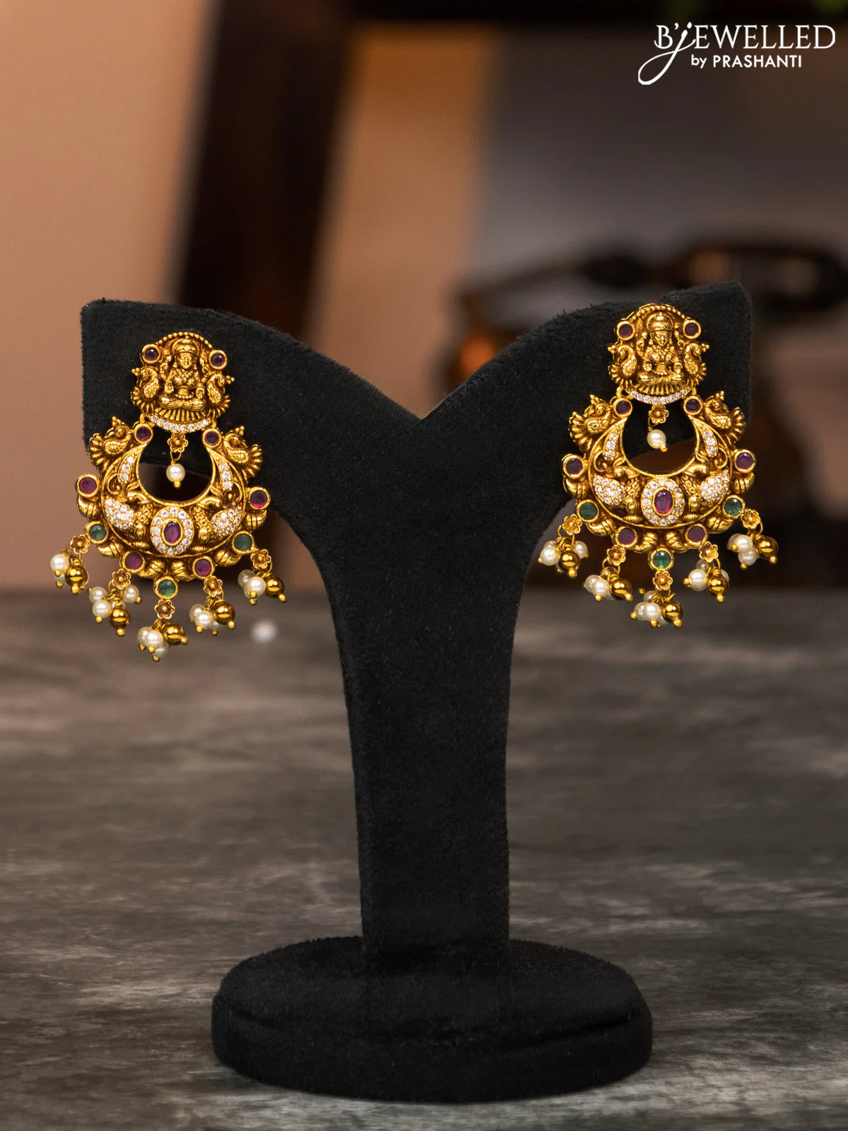 Antique haaram lakshmi design with kemp & cz stones and pearl hangings - Image 2