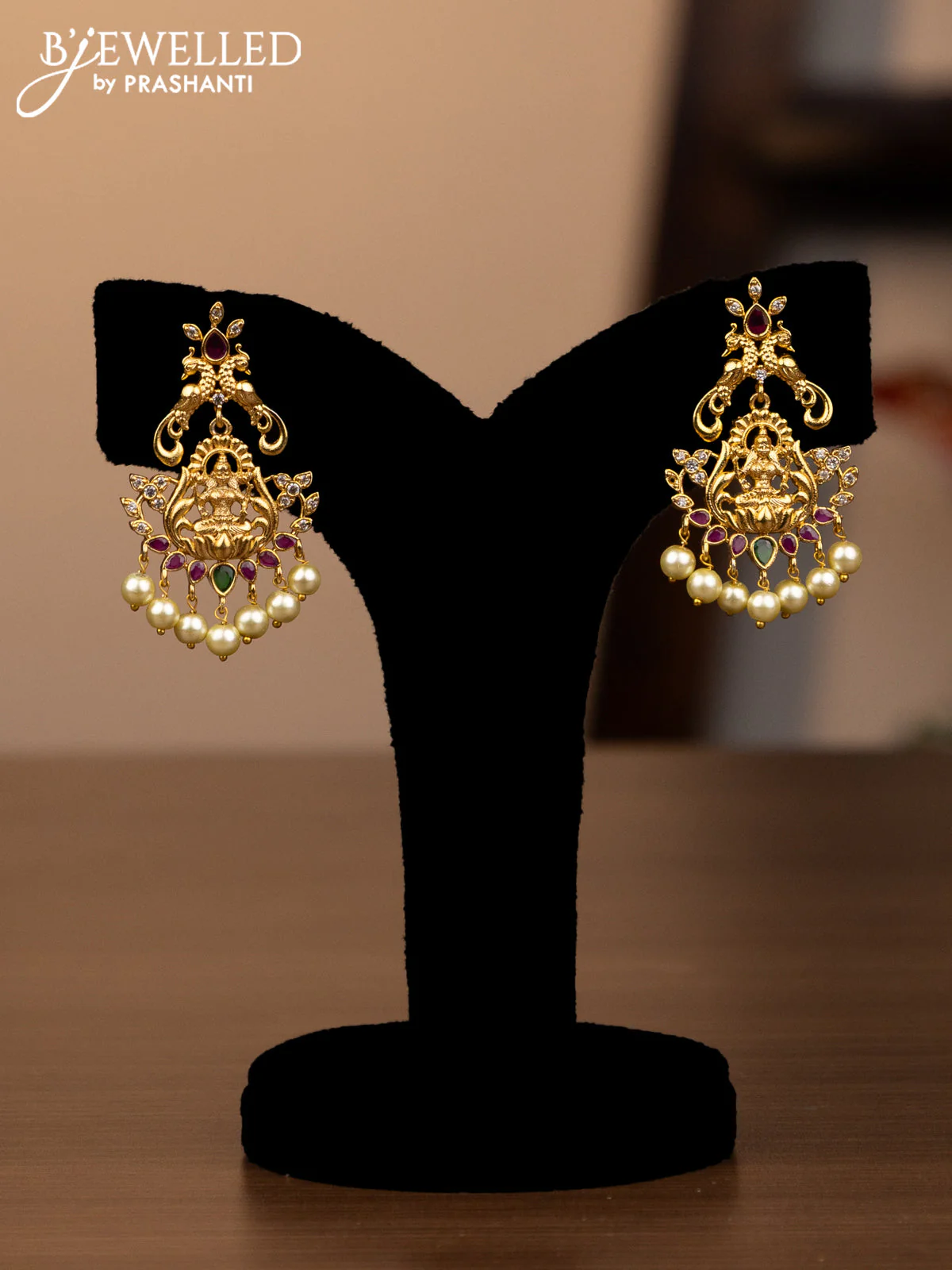 Antique haaram lakshmi design with kemp & cz stones and pearl hangings - Image 2