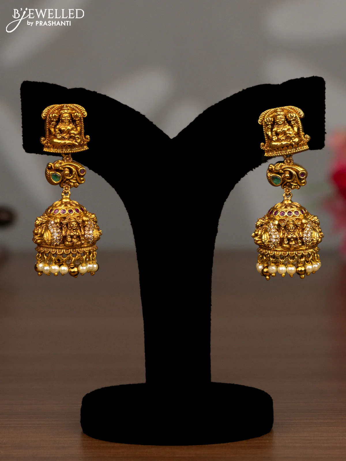 Antique haaram lakshmi design with kemp & cz stones and pearl hangings - Image 2