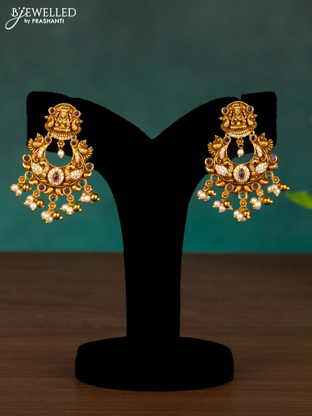 Antique haaram lakshmi design with kemp & cz stones and pearl hangings - Image 2