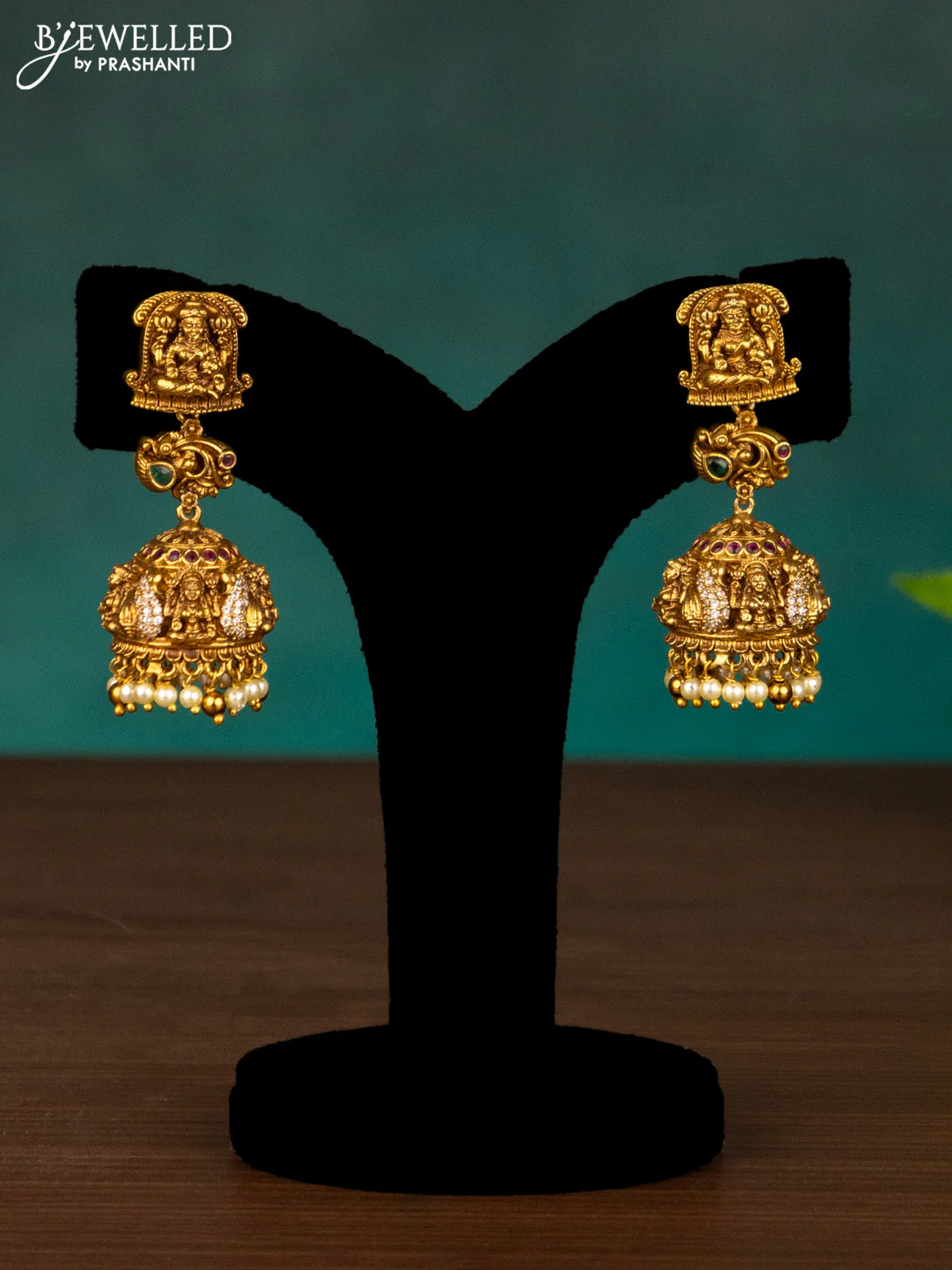 Antique haaram lakshmi design with kemp & cz stones and pearl hangings - Image 2