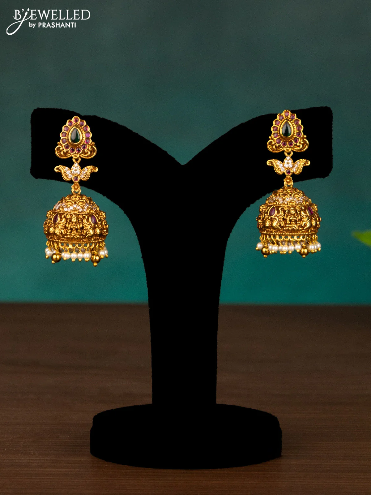 Antique haaram lakshmi design with kemp & cz stones and pearl hangings - Image 2