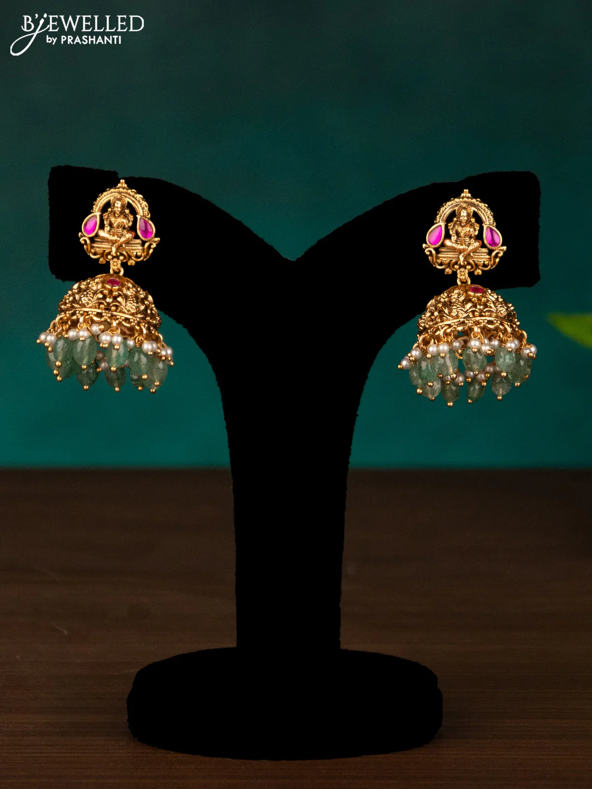 Antique haaram lakshmi design with kemp stones and mint green beads hanging - Image 2