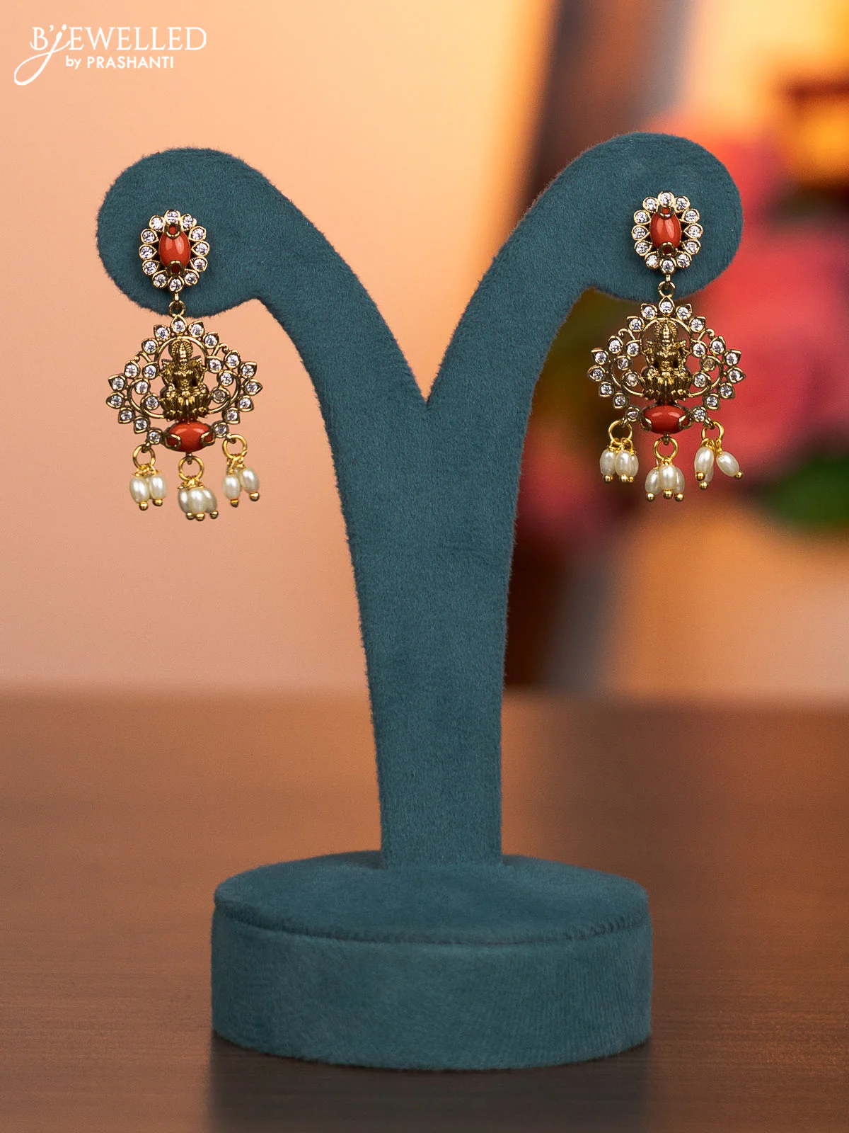 Antique haaram lakshmi design with pavalam green kemp & cz stones and pearl hangings - Image 2