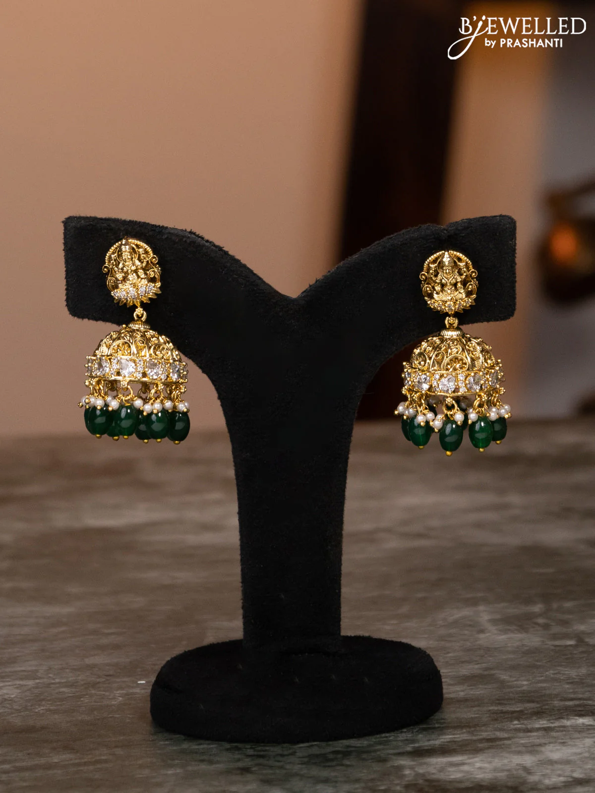 Antique haaram lakshmi & peacock design with emerald & cz stones and green beads hangings - Image 2