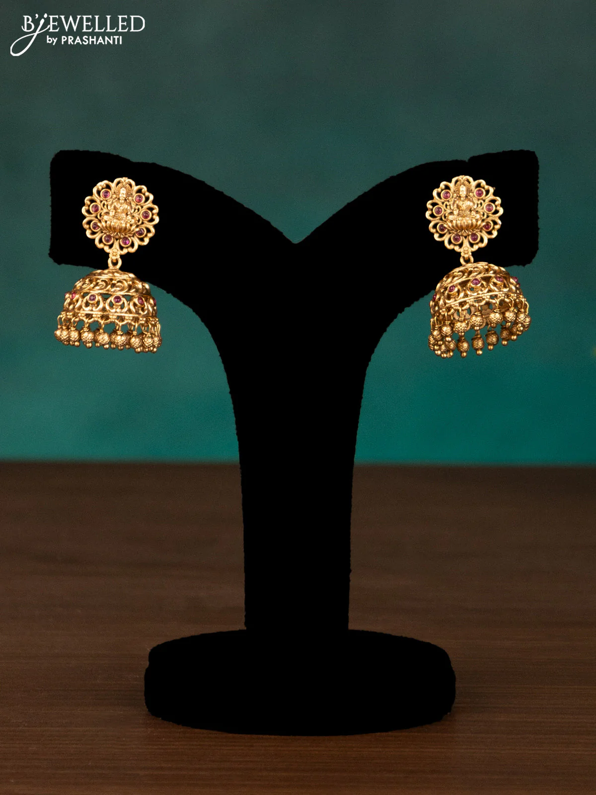 Antique haaram lakshmi & peacock design with pink kemp stones and golden beads hanging - Image 2