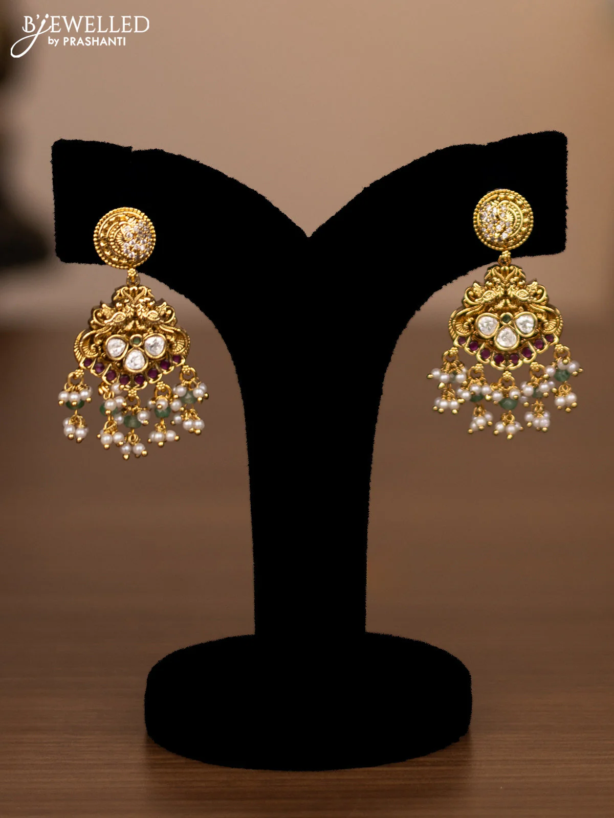 Antique haaram peacock design with jadau kundan stones and green beads hanging - Image 2