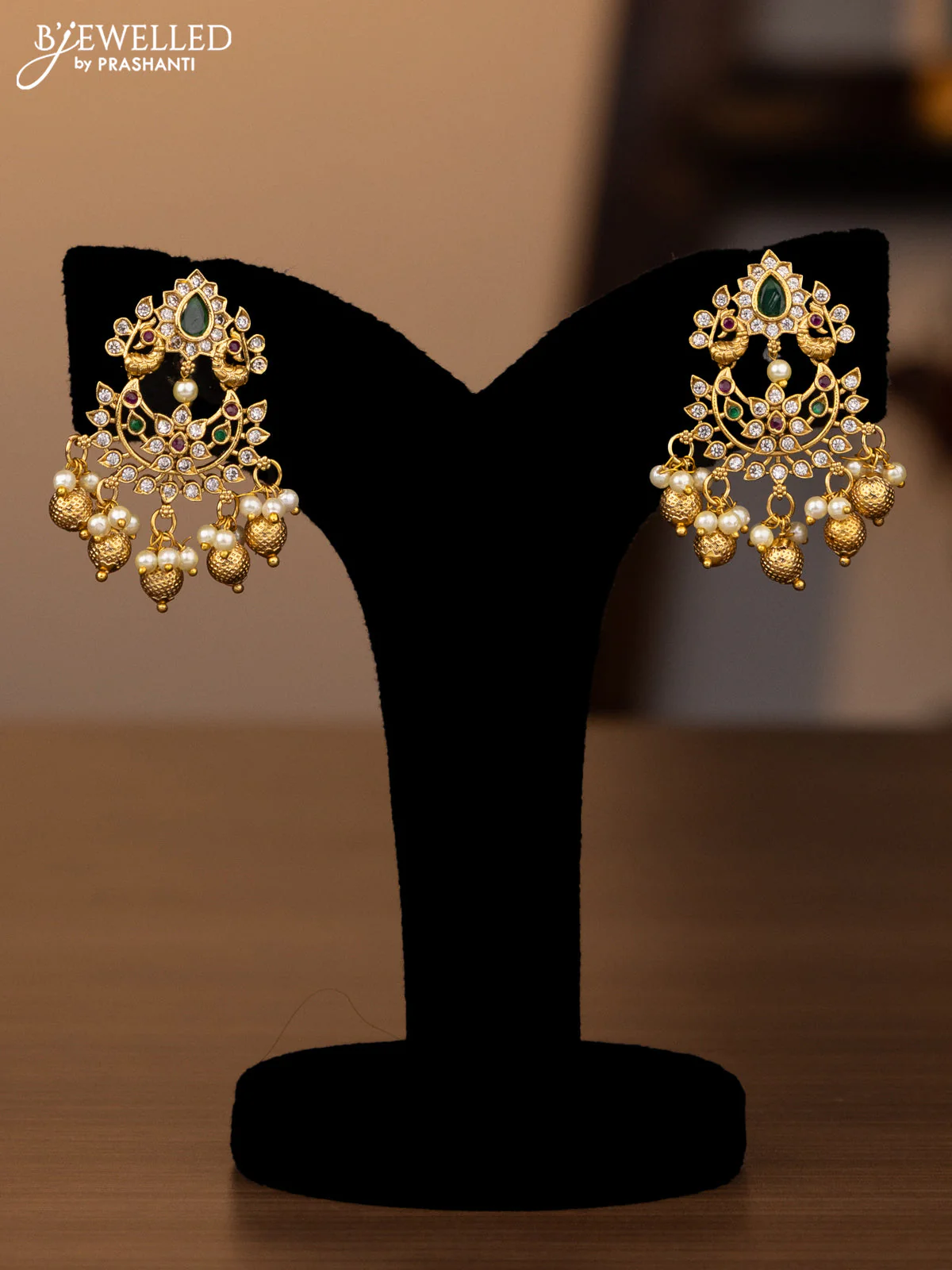 Antique haaram peacock design with kemp & cz stones and pearl hangings - Image 2