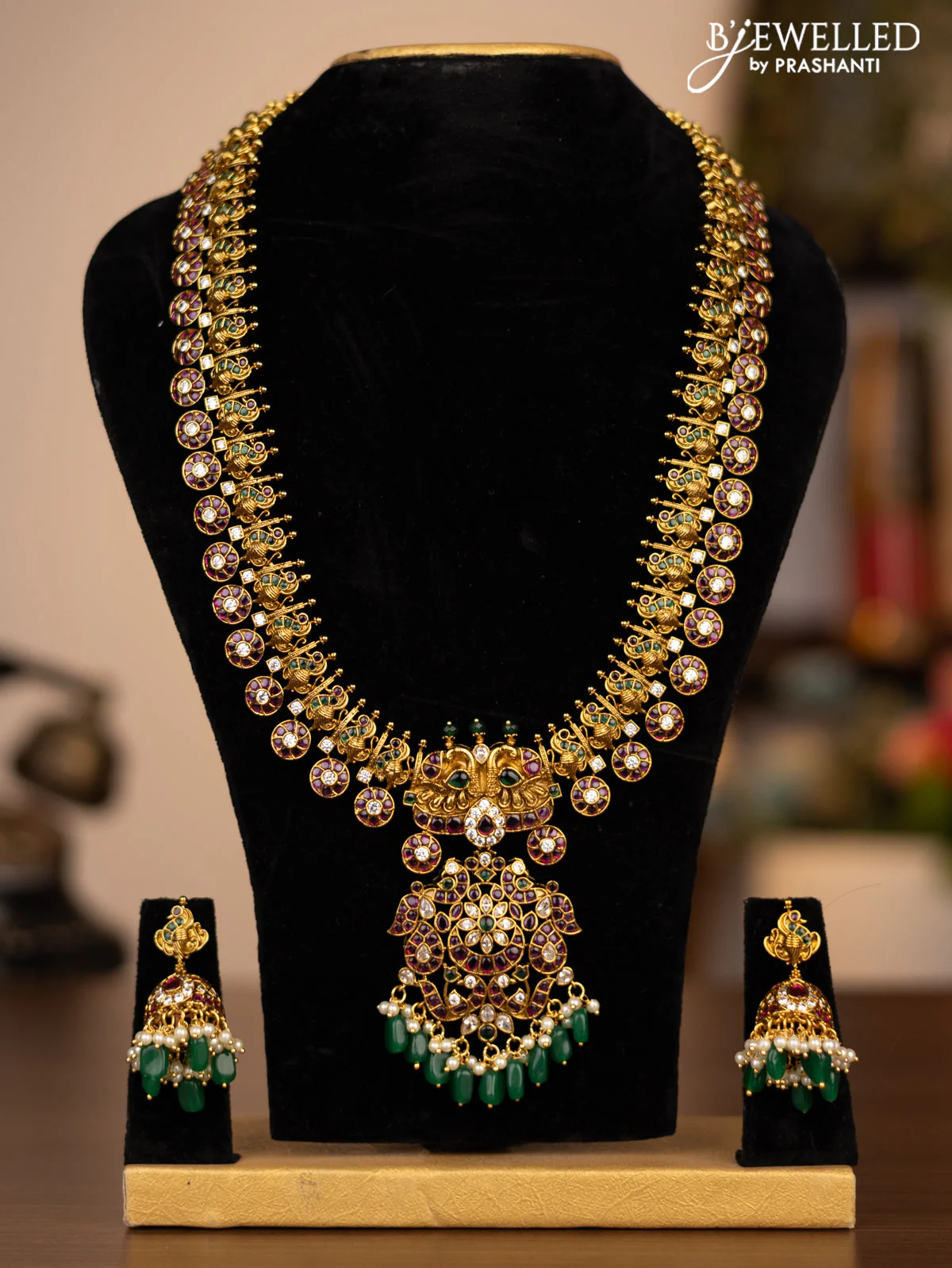 Antique haaram peacock design with kemp kundan stones and removable pendant type - Image 2