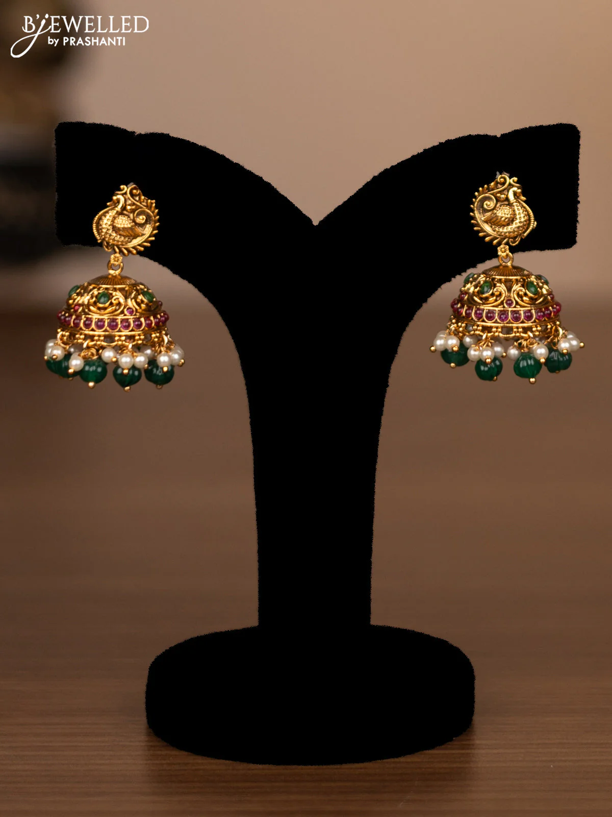 Antique haaram peacock design with pink kemp stones and green beads hanging - Image 2