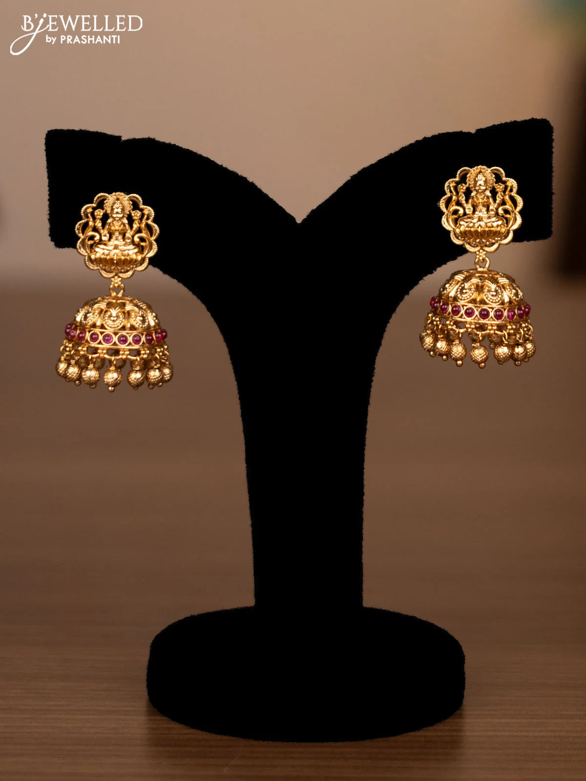 Antique haaram peacock & lakshmi design with pink kemp stones and golden beads hanging - Image 2