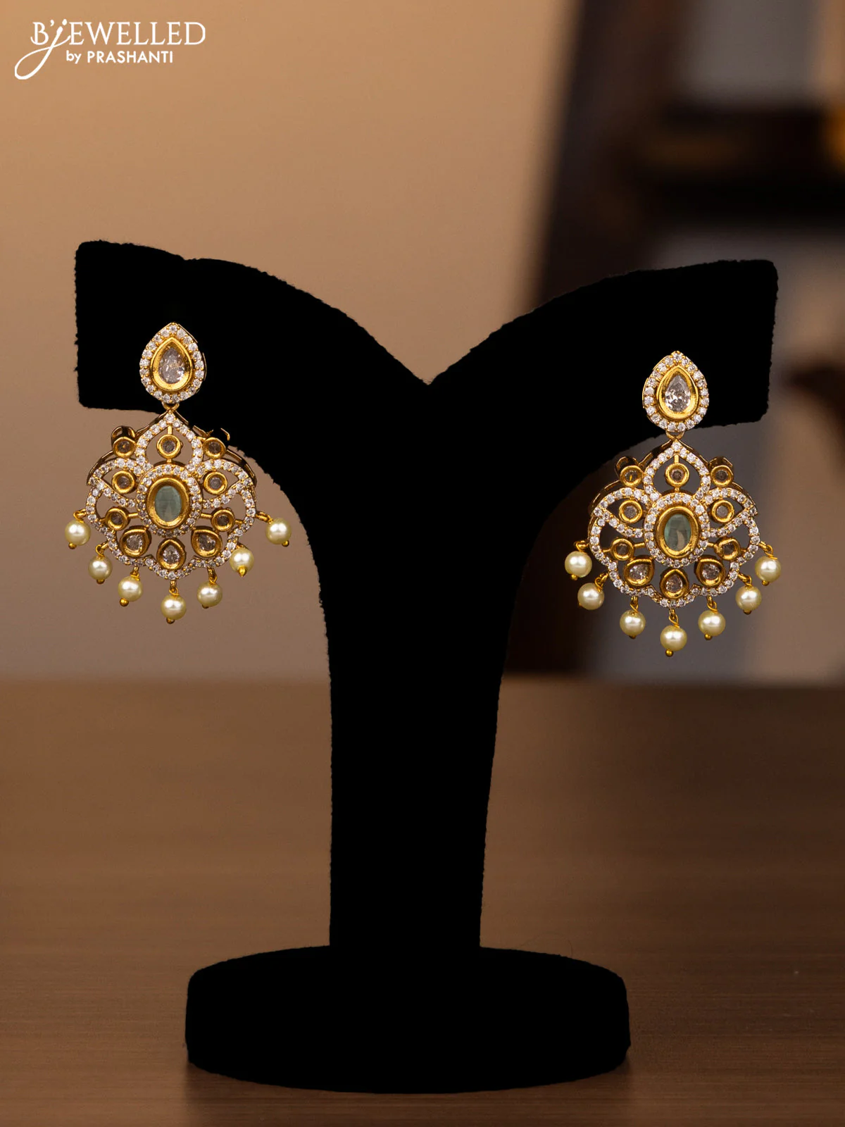 Antique haaram with mint green & cz stones and pearl hangings - Image 2