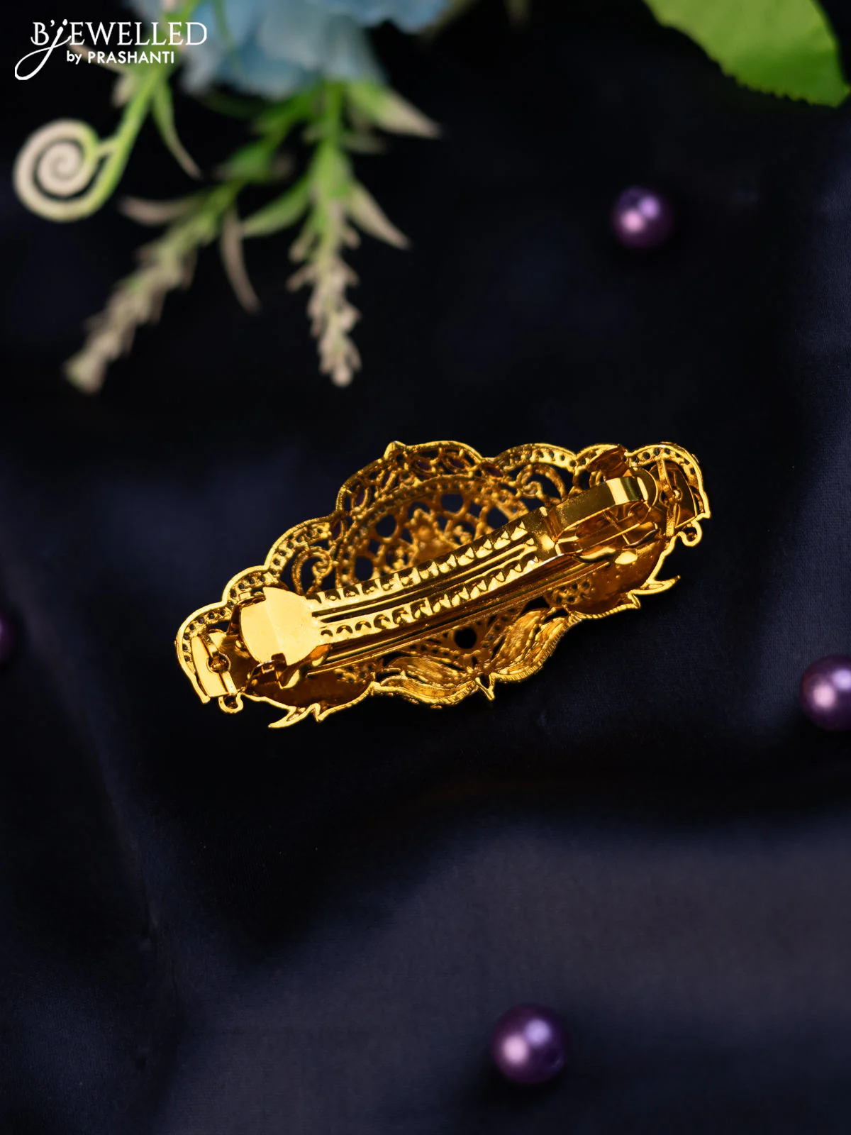 Antique hair clip medium size lakshmi design with kemp and cz stones - Image 2