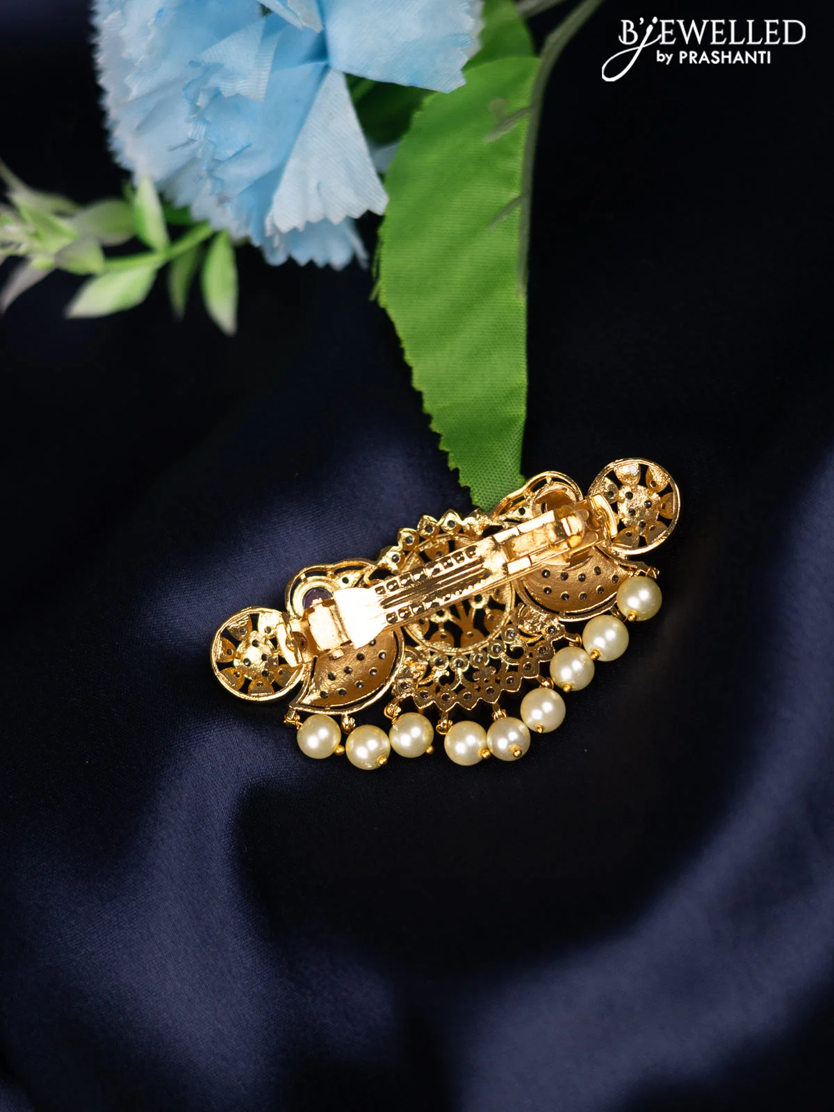 Antique hair clip medium size with kemp & cz stones and pearl hangings - Image 2