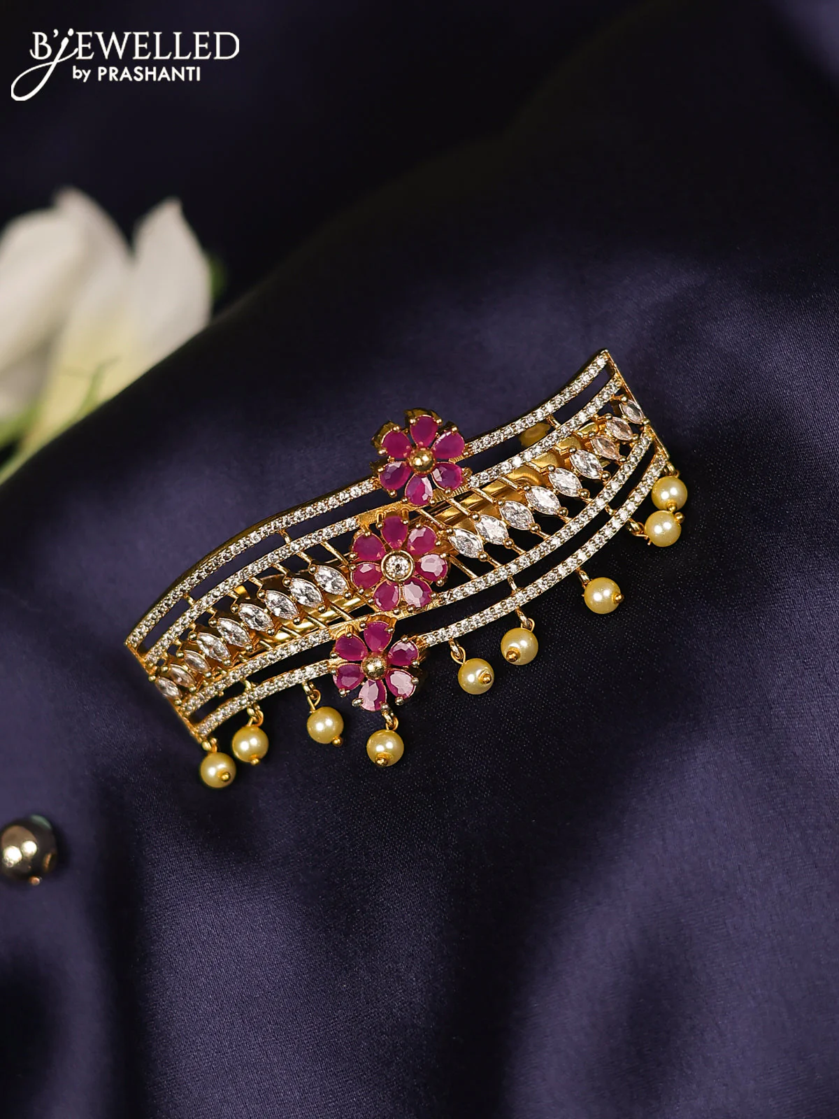 Antique hair clips medium size floral design with ruby & cz stones and pearl hangings