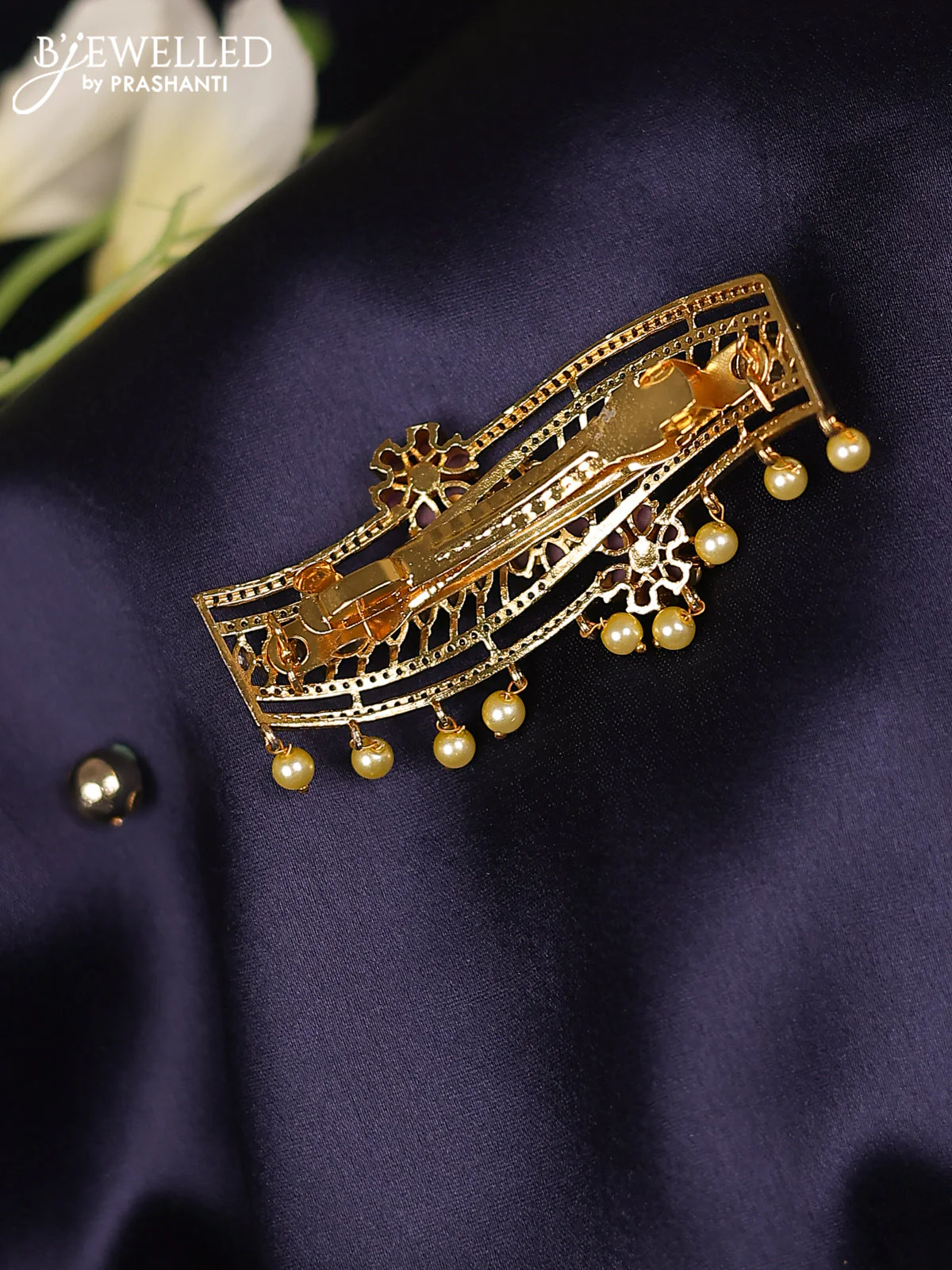 Antique hair clips medium size floral design with ruby & cz stones and pearl hangings - Image 2