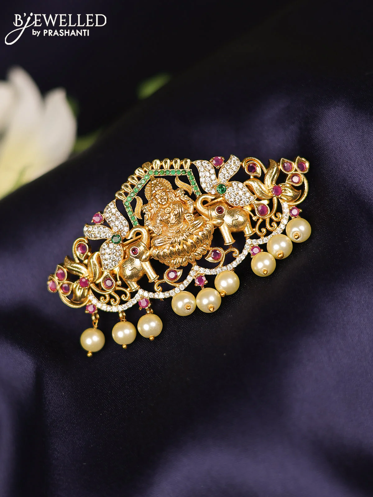 Antique hair clips medium size lakshmi design with kemp & cz stones and pearl hangings