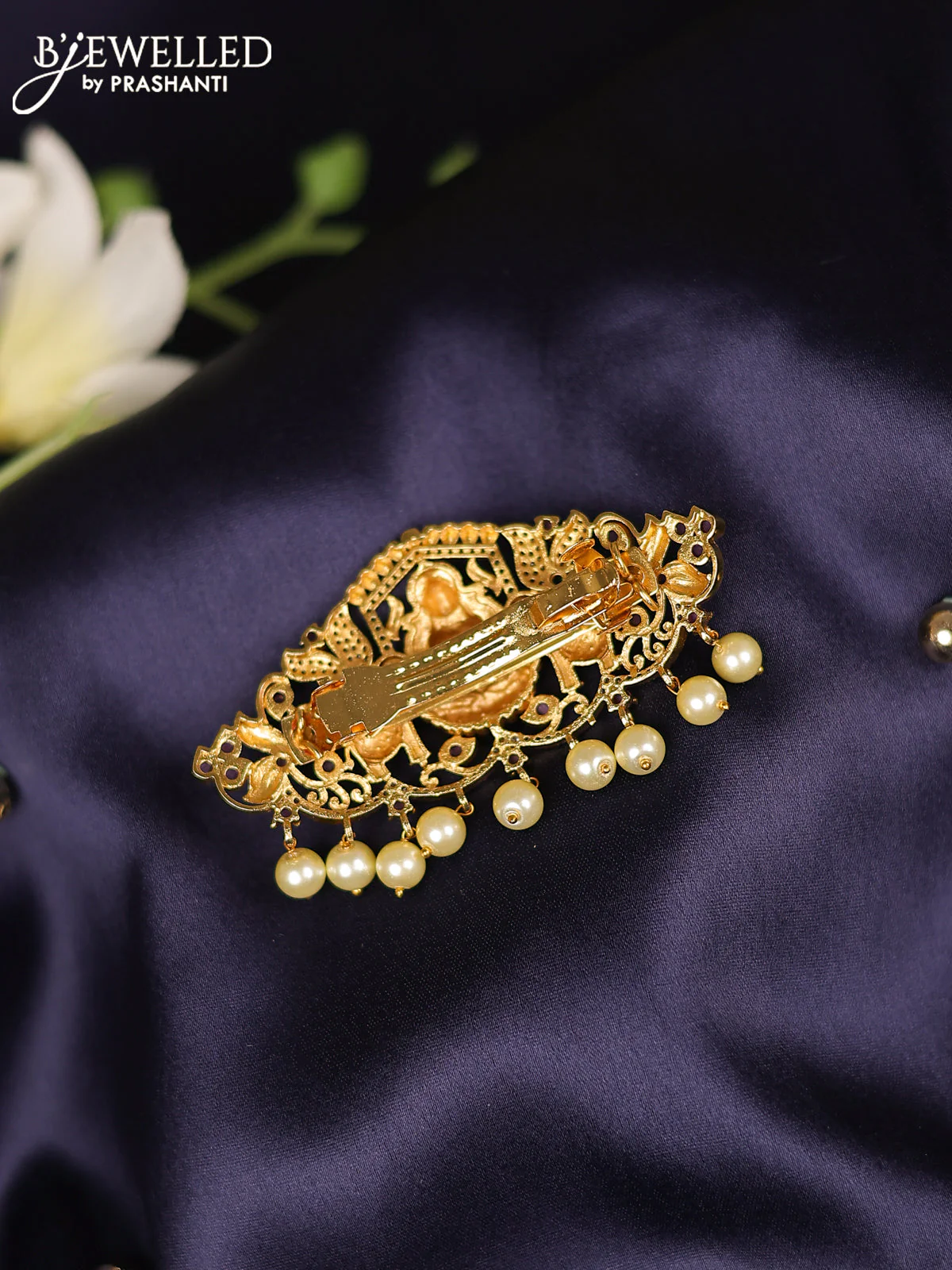 Antique hair clips medium size lakshmi design with kemp & cz stones and pearl hangings - Image 2