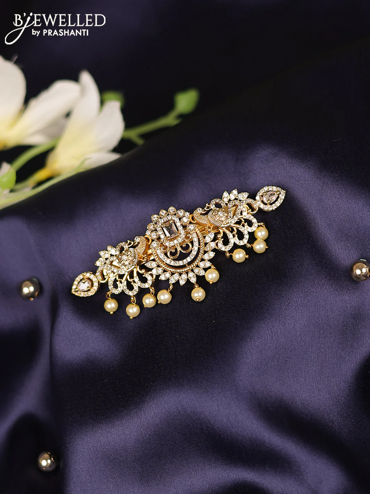 Antique hair clips medium size peacock design with cz stones and pearl hangings