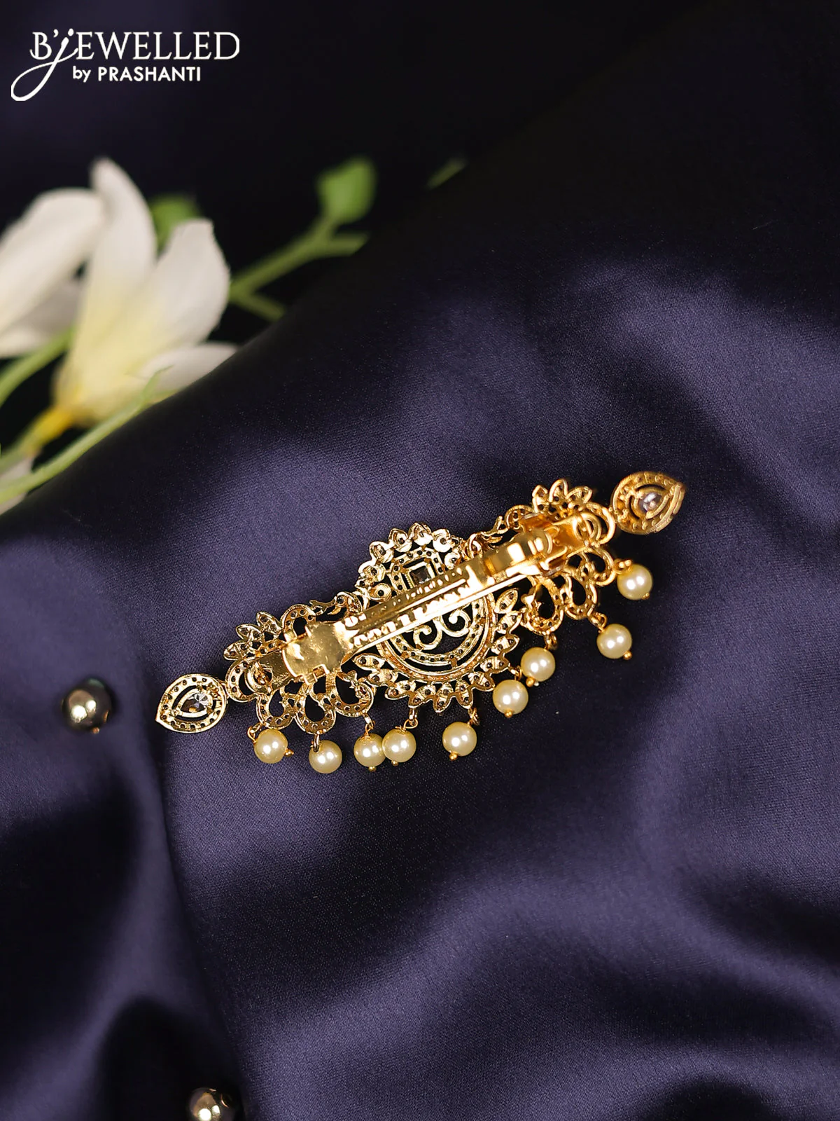 Antique hair clips medium size peacock design with cz stones and pearl hangings - Image 2
