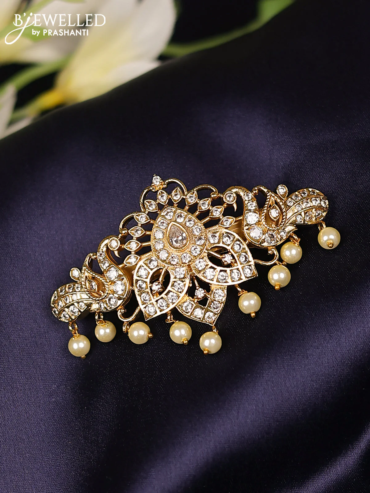 Antique hair clips medium size peacock design with cz stones and pearl hangings